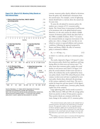 WORLD ECONOMIC OUTLOOK: RECOVERY STRENGTHENS, REMAINS UNEVEN
92	 International Monetary Fund|April 2014
contrast, monetary policy shocks, defined as deviations
from the policy rule, should lead to deviations from
the neutral stance. For example, a series of tightening
shocks should lead to a real rate above the natural rate
for some time.
To assess the role played by monetary policy, the
analysis uses a measure of U.S. monetary policy
shocks. The United States is interesting in itself because
of its prominent role in the global financial system.
Moreover, it is the only country for which a reliable
measure of monetary policy shocks that dates back to
the 1980s is available (Coibion, 2012).31 In essence,
the estimated shocks are exogenous innovations in the
policy rate—that is, changes in the rate that are not
related to current or expected inflation and economic
conditions. Following the approach proposed by
Romer and Romer (2004), the effect of monetary
policy is estimated as follows:
Drt = a + b(l)mpst + et,	(3.2)
in which r is a real rate, and mps is a monetary policy
shock.
The results, depicted in Figure 3.10 (panel 1), show
that monetary policy shocks have significant and long-
lasting effects on short-term real interest rates.32 To
what extent does monetary policy explain the actual
decline in real interest rates? Panel 2 of Figure 3.10
plots the actual evolution of short-term real rates as
well as the evolution that can be explained by mone-
tary policy shocks. Until 1992, about 88 percent of the
variance in short-term real rates is explained by mon-
etary policy shocks alone; afterward, the percentage
of the variance explained is much lower. The story is
similar for long-term real rates (panel 3 of the figure),
although, as one would expect, monetary policy shocks
explain less of the variation.
Large tightening policy shocks mostly occurred in
the 1980s: between 1980 and 1989, the average policy
shock was positive at about 24 basis points a quarter.
These positive shocks are consistent with the dra-
matic change in the conduct of U.S. monetary policy
31The estimated monetary policy shocks are the residuals from an
estimated monetary rule based on the Federal Reserve’s Greenbook
forecasts. The approach is similar to the one originally proposed
by Romer and Romer (2004), but by introducing time-varying
parameters, Coibion (2012) allows a distinction to be made between
innovations to the central bank’s rule and changes in the rule itself.
This distinction is particularly useful for an analysis of a long time
span.
32This finding is not novel, and it is consistent with the hypothesis
of price rigidities (Christiano, Eichenbaum, and Evans, 1999).
–0.5
0.0
0.5
1.0
1.5
2.0
2.5
0 1 2 3 4 5 6 7 8 9 10 11 12 13 14 15 16
Quarters
1. Effect on Short-Term Real Rate, 1980:Q1–2008:Q4
(percentage points)
–2
–1
0
1
2
3
4
5
6
7
1983 89 95 2001 07
2. Short-Term Real Rate
(percent)
–2
0
2
4
6
8
10
1981 85 89 93 97 2001 05 08
3. Long-Term Real Rate
(percent)
Actual
Predicted
Actual
Predicted
–4
–3
–2
–1
0
1
2
3
4
1980 87 94 2001 08
4. U.S. Monetary Policy
Shocks, 1980:Q1–2008:Q4
(percent)
1981 86 91 96 2001 06 09
5. Global Real Interest Rate
(percent a year)
Actual
Predicted
Figure 3.10. Effect of U.S. Monetary Policy Shocks on
Real Interest Rates
Sources: Bloomberg, L.P.; Coibion (2012); Organization for Economic
Cooperation and Development; and IMF staff calculations.
Note: In the ﬁrst panel, the solid line denotes estimated effect; dashed lines
denote 90 percent conﬁdence bands. t = 0 is the year of the monetary
policy shock. In panel 5, global real rates exclude U.S. real rates.
0
2
4
6
8
 