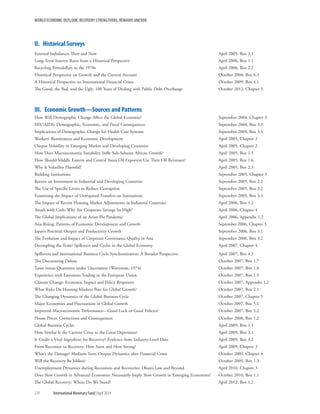 WORLD ECONOMIC OUTLOOK: RECOVERY STRENGTHENS, REMAINS UNEVEN
210	 International Monetary Fund|April 2014
II.  Historical Surveys
External Imbalances Then and Now	 April 2005, Box 3.1
Long-Term Interest Rates from a Historical Perspective	 April 2006, Box 1.1
Recycling Petrodollars in the 1970s	 April 2006, Box 2.2
Historical Perspective on Growth and the Current Account	 October 2008, Box 6.3
A Historical Perspective on International Financial Crises	 October 2009, Box 4.1
The Good, the Bad, and the Ugly: 100 Years of Dealing with Public Debt Overhangs	 October 2012, Chapter 3
III.  Economic Growth—Sources and Patterns
How Will Demographic Change Affect the Global Economy?	 September 2004, Chapter 3
HIV/AIDS: Demographic, Economic, and Fiscal Consequences	 September 2004, Box 3.3 
Implications of Demographic Change for Health Care Systems	 September 2004, Box 3.4
Workers’ Remittances and Economic Development	 April 2005, Chapter 2
Output Volatility in Emerging Market and Developing Countries	 April 2005, Chapter 2
How Does Macroeconomic Instability Stifle Sub-Saharan African Growth?	 April 2005, Box 1.5
How Should Middle Eastern and Central Asian Oil Exporters Use Their Oil Revenues?	 April 2005, Box 1.6
Why Is Volatility Harmful?	 April 2005, Box 2.3
Building Institutions	 September 2005, Chapter 3
Return on Investment in Industrial and Developing Countries	 September 2005, Box 2.2
The Use of Specific Levers to Reduce Corruption	 September 2005, Box 3.2
Examining the Impact of Unrequited Transfers on Institutions	 September 2005, Box 3.3
The Impact of Recent Housing Market Adjustments in Industrial Countries	 April 2006, Box 1.2
Awash with Cash: Why Are Corporate Savings So High?	 April 2006, Chapter 4
The Global Implications of an Avian Flu Pandemic	 April 2006, Appendix 1.2
Asia Rising: Patterns of Economic Development and Growth	September 2006, Chapter 3
Japan’s Potential Output and Productivity Growth	 September 2006, Box 3.1
The Evolution and Impact of Corporate Governance Quality in Asia	 September 2006, Box 3.2
Decoupling the Train? Spillovers and Cycles in the Global Economy	 April 2007, Chapter 4
Spillovers and International Business Cycle Synchronization: A Broader Perspective	 April 2007, Box 4.3
The Discounting Debate	 October 2007, Box 1.7
Taxes versus Quantities under Uncertainty (Weitzman, 1974)	 October 2007, Box 1.8
Experience with Emissions Trading in the European Union	 October 2007, Box 1.9
Climate Change: Economic Impact and Policy Responses	 October 2007, Appendix 1.2
What Risks Do Housing Markets Pose for Global Growth?	 October 2007, Box 2.1
The Changing Dynamics of the Global Business Cycle	 October 2007, Chapter 5
Major Economies and Fluctuations in Global Growth	 October 2007, Box 5.1
Improved Macroeconomic Performance—Good Luck or Good Policies?	 October 2007, Box 5.2
House Prices: Corrections and Consequences	 October 2008, Box 1.2
Global Business Cycles	 April 2009, Box 1.1
How Similar Is the Current Crisis to the Great Depression?	 April 2009, Box 3.1
Is Credit a Vital Ingredient for Recovery? Evidence from Industry-Level Data	 April 2009, Box 3.2
From Recession to Recovery: How Soon and How Strong?	 April 2009, Chapter 3
What’s the Damage? Medium-Term Output Dynamics after Financial Crises	 October 2009, Chapter 4
Will the Recovery Be Jobless?	 October 2009, Box 1.3
Unemployment Dynamics during Recessions and Recoveries: Okun’s Law and Beyond	 April 2010, Chapter 3
Does Slow Growth in Advanced Economies Necessarily Imply Slow Growth in Emerging Economies?	 October 2010, Box 1.1
The Global Recovery: Where Do We Stand?	 April 2012, Box 1.2
 