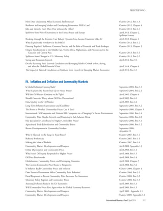 SELECTED TOPICS
	 International Monetary Fund|April 2014	211
How Does Uncertainty Affect Economic Performance?	 October 2012, Box 1.3
Resilience in Emerging Market and Developing Economies: Will It Last?	 October 2012, Chapter 4
Jobs and Growth: Can’t Have One without the Other?	 October 2012, Box 4.1
Spillovers from Policy Uncertainty in the United States and Europe	 April 2013, Chapter 2,
	 Spillover Feature
Breaking through the Frontier: Can Today’s Dynamic Low-Income Countries Make It?	 April 2013, Chapter 4
What Explains the Slowdown in the BRICS?	 October 2013, Box 1.2
Dancing Together? Spillovers, Common Shocks, and the Role of Financial and Trade Linkages	 October 2013, Chapter 3
Output Synchronicity in the Middle East, North Africa, Afghanistan, and Pakistan and in the
Caucasus and Central Asia	 October 2013, Box 3.1
Spillovers from Changes in U.S. Monetary Policy	 October 2013, Box 3.2
Saving and Economic Growth	 April 2014, Box 3.1
On the Receiving End? External Conditions and Emerging Market Growth before, during,
and after the Global Financial Crisis 	 April 2014, Chapter 4
The Impact of External Conditions on Medium-Term Growth in Emerging Market Economies	 April 2014, Box 4.1
IV.  Inflation and Deflation and Commodity Markets
Is Global Inflation Coming Back?	 September 2004, Box 1.1
What Explains the Recent Run-Up in House Prices?	 September 2004, Box 2.1
Will the Oil Market Continue to Be Tight?	 April 2005, Chapter 4
Should Countries Worry about Oil Price Fluctuations?	 April 2005, Box 4.1
Data Quality in the Oil Market	 April 2005, Box 4.2	
Long-Term Inflation Expectations and Credibility	 September 2005, Box 4.2
The Boom in Nonfuel Commodity Prices: Can It Last?	 September 2006, Chapter 5
International Oil Companies and National Oil Companies in a Changing Oil Sector Environment	 September 2006, Box 1.4
Commodity Price Shocks, Growth, and Financing in Sub-Saharan Africa	 September 2006, Box 2.2
Has Speculation Contributed to Higher Commodity Prices?	 September 2006, Box 5.1
Agricultural Trade Liberalization and Commodity Prices	 September 2006, Box 5.2
Recent Developments in Commodity Markets	September 2006,
Appendix 2.1
Who Is Harmed by the Surge in Food Prices?	 October 2007, Box 1.1
Refinery Bottlenecks	 October 2007, Box 1.5
Making the Most of Biofuels	 October 2007, Box 1.6
Commodity Market Developments and Prospects	 April 2008, Appendix 1.2
Dollar Depreciation and Commodity Prices	 April 2008, Box 1.4
Why Hasn’t Oil Supply Responded to Higher Prices?	 April 2008, Box 1.5
Oil Price Benchmarks	 April 2008, Box 1.6
Globalization, Commodity Prices, and Developing Countries	 April 2008, Chapter 5
The Current Commodity Price Boom in Perspective	 April 2008, Box 5.2
Is Inflation Back? Commodity Prices and Inflation	 October 2008, Chapter 3
Does Financial Investment Affect Commodity Price Behavior?	 October 2008, Box 3.1
Fiscal Responses to Recent Commodity Price Increases: An Assessment	 October 2008, Box 3.2
Monetary Policy Regimes and Commodity Prices	 October 2008, Box 3.3
Assessing Deflation Risks in the G3 Economies	 April 2009, Box 1.3
Will Commodity Prices Rise Again when the Global Economy Recovers?	 April 2009, Box 1.5
Commodity Market Developments and Prospects	 April 2009, Appendix 1.1
Commodity Market Developments and Prospects	 October 2009, Appendix 1.1
 