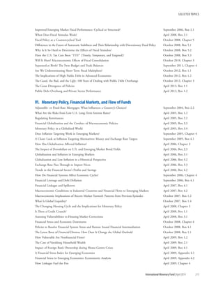 SELECTED TOPICS
	 International Monetary Fund|April 2014	213
Improved Emerging Market Fiscal Performance: Cyclical or Structural?	 September 2006, Box 2.1
When Does Fiscal Stimulus Work?	 April 2008, Box 2.1
Fiscal Policy as a Countercyclical Tool	 October 2008, Chapter 5
Differences in the Extent of Automatic Stabilizers and Their Relationship with Discretionary Fiscal Policy	 October 2008, Box 5.1
Why Is It So Hard to Determine the Effects of Fiscal Stimulus?	 October 2008, Box 5.2
Have the U.S. Tax Cuts Been “TTT” [Timely, Temporary, and Targeted]?	 October 2008, Box 5.3
Will It Hurt? Macroeconomic Effects of Fiscal Consolidation	 October 2010, Chapter 3
Separated at Birth? The Twin Budget and Trade Balances	 September 2011, Chapter 4
Are We Underestimating Short-Term Fiscal Multipliers?	 October 2012, Box 1.1
The Implications of High Public Debt in Advanced Economies	 October 2012, Box 1.2
The Good, the Bad, and the Ugly: 100 Years of Dealing with Public Debt Overhangs	 October 2012, Chapter 3
The Great Divergence of Policies	 April 2013, Box 1.1
Public Debt Overhang and Private Sector Performance	 April 2013, Box 1.2
VI.  Monetary Policy, Financial Markets, and Flow of Funds
Adjustable- or Fixed-Rate Mortgages: What Influences a Country’s Choices?	 September 2004, Box 2.2
What Are the Risks from Low U.S. Long-Term Interest Rates?	 April 2005, Box 1.2
Regulating Remittances	 April 2005, Box 2.2
Financial Globalization and the Conduct of Macroeconomic Policies	 April 2005, Box 3.3	
Monetary Policy in a Globalized World	 April 2005, Box 3.4
Does Inflation Targeting Work in Emerging Markets?	 September 2005, Chapter 4
A Closer Look at Inflation Targeting Alternatives: Money and Exchange Rate Targets	 September 2005, Box 4.1
How Has Globalization Affected Inflation? 	 April 2006, Chapter 3
The Impact of Petrodollars on U.S. and Emerging Market Bond Yields	 April 2006, Box 2.3
Globalization and Inflation in Emerging Markets	 April 2006, Box 3.1	
Globalization and Low Inflation in a Historical Perspective	 April 2006, Box 3.2
Exchange Rate Pass-Through to Import Prices	 April 2006, Box 3.3
Trends in the Financial Sector’s Profits and Savings	 April 2006, Box 4.2
How Do Financial Systems Affect Economic Cycles?	 September 2006, Chapter 4
Financial Leverage and Debt Deflation	 September 2006, Box 4.1
Financial Linkages and Spillovers	 April 2007, Box 4.1
Macroeconomic Conditions in Industrial Countries and Financial Flows to Emerging Markets 	 April 2007, Box 4.2
Macroeconomic Implications of Recent Market Turmoil: Patterns from Previous Episodes	 October 2007, Box 1.2
What Is Global Liquidity?	 October 2007, Box 1.4
The Changing Housing Cycle and the Implications for Monetary Policy	 April 2008, Chapter 3
Is There a Credit Crunch?	 April 2008, Box 1.1
Assessing Vulnerabilities to Housing Market Corrections	 April 2008, Box 3.1
Financial Stress and Economic Downturns	 October 2008, Chapter 4
Policies to Resolve Financial System Stress and Restore Sound Financial Intermediation	 October 2008, Box 4.1
The Latest Bout of Financial Distress: How Does It Change the Global Outlook?	 October 2008, Box 1.1
How Vulnerable Are Nonfinancial Firms?	 April 2009, Box 1.2
The Case of Vanishing Household Wealth	 April 2009, Box 2.1
Impact of Foreign Bank Ownership during Home-Grown Crises	 April 2009, Box 4.1
A Financial Stress Index for Emerging Economies	 April 2009, Appendix 4.1
Financial Stress in Emerging Economies: Econometric Analysis	 April 2009, Appendix 4.2
How Linkages Fuel the Fire	 April 2009, Chapter 4
 