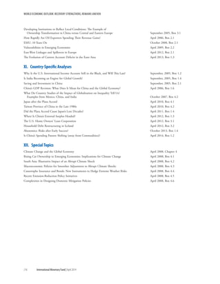 WORLD ECONOMIC OUTLOOK: RECOVERY STRENGTHENS, REMAINS UNEVEN
216	 International Monetary Fund|April 2014
Developing Institutions to Reflect Local Conditions: The Example of
Ownership Transformation in China versus Central and Eastern Europe	 September 2005, Box 3.1
How Rapidly Are Oil Exporters Spending Their Revenue Gains?	 April 2006, Box 2.1
EMU: 10 Years On	 October 2008, Box 2.1
Vulnerabilities in Emerging Economies	 April 2009, Box 2.2
East-West Linkages and Spillovers in Europe	 April 2012, Box 2.1
The Evolution of Current Account Deficits in the Euro Area	 April 2013, Box 1.3
XI.  Country-Specific Analyses
Why Is the U.S. International Income Account Still in the Black, and Will This Last?	 September, 2005, Box 1.2
Is India Becoming an Engine for Global Growth?	 September, 2005, Box 1.4
Saving and Investment in China	 September, 2005, Box 2.1
China’s GDP Revision: What Does It Mean for China and the Global Economy?	 April 2006, Box 1.6
What Do Country Studies of the Impact of Globalization on Inequality Tell Us?
Examples from Mexico, China, and India	 October 2007, Box 4.2
Japan after the Plaza Accord	 April 2010, Box 4.1
Taiwan Province of China in the Late 1980s	 April 2010, Box 4.2
Did the Plaza Accord Cause Japan’s Lost Decades?	 April 2011, Box 1.4
Where Is China’s External Surplus Headed?	 April 2012, Box 1.3
The U.S. Home Owners’ Loan Corporation	 April 2012, Box 3.1
Household Debt Restructuring in Iceland	 April 2012, Box 3.2
Abenomics: Risks after Early Success?	 October 2013, Box 1.4
Is China’s Spending Pattern Shifting (away from Commodities)?	 April 2014, Box 1.2
XII.  Special Topics
Climate Change and the Global Economy	 April 2008, Chapter 4
Rising Car Ownership in Emerging Economies: Implications for Climate Change	 April 2008, Box 4.1
South Asia: Illustrative Impact of an Abrupt Climate Shock	 April 2008, Box 4.2
Macroeconomic Policies for Smoother Adjustment to Abrupt Climate Shocks	 April 2008, Box 4.3
Catastrophe Insurance and Bonds: New Instruments to Hedge Extreme Weather Risks	 April 2008, Box 4.4
Recent Emission-Reduction Policy Initiatives	 April 2008, Box 4.5
Complexities in Designing Domestic Mitigation Policies	 April 2008, Box 4.6
 