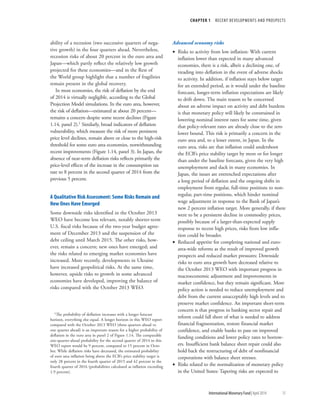 CHAPTER 1  RECENT DEVELOPMENTS AND PROSPECTS
	 International Monetary Fund|April 2014	15
ability of a recession (two successive quarters of nega-
tive growth) in the four quarters ahead. Nevertheless,
recession risks of about 20 percent in the euro area and
Japan—which partly reflect the relatively low growth
projected for these economies—and in the Rest of
the World group highlight that a number of fragilities
remain present in the global recovery.
In most economies, the risk of deflation by the end
of 2014 is virtually negligible, according to the Global
Projection Model simulations. In the euro area, however,
the risk of deflation—estimated at about 20 percent—
remains a concern despite some recent declines (Figure
1.14, panel 2).1 Similarly, broad indicators of deflation
vulnerability, which measure the risk of more persistent
price level declines, remain above or close to the high-risk
threshold for some euro area economies, notwithstanding
recent improvements (Figure 1.14, panel 3). In Japan, the
absence of near-term deflation risks reflects primarily the
price-level effects of the increase in the consumption tax
rate to 8 percent in the second quarter of 2014 from the
previous 5 percent.
A Qualitative Risk Assessment: Some Risks Remain and
New Ones Have Emerged
Some downside risks identified in the October 2013
WEO have become less relevant, notably shorter-term
U.S. fiscal risks because of the two-year budget agree-
ment of December 2013 and the suspension of the
debt ceiling until March 2015. The other risks, how-
ever, remain a concern; new ones have emerged; and
the risks related to emerging market economies have
increased. More recently, developments in Ukraine
have increased geopolitical risks. At the same time,
however, upside risks to growth in some advanced
economies have developed, improving the balance of
risks compared with the October 2013 WEO.
1The probability of deflation increases with a longer forecast
horizon, everything else equal. A longer horizon in this WEO report
compared with the October 2013 WEO (three quarters ahead vs.
one quarter ahead) is an important reason for a higher probability of
deflation in the euro area in panel 2 of Figure 1.14. The comparable
one-quarter-ahead probability for the second quarter of 2014 in this
WEO report would be 9 percent, compared to 15 percent in Octo-
ber. While deflation risks have decreased, the estimated probability
of euro area inflation being above the ECB’s price stability target is
only 28 percent in the fourth quarter of 2015 and 42 percent in the
fourth quarter of 2016 (probabilities calculated as inflation exceeding
1.9 percent).
Advanced economy risks
•• Risks to activity from low inflation: With current
inflation lower than expected in many advanced
economies, there is a risk, albeit a declining one, of
treading into deflation in the event of adverse shocks
to activity. In addition, if inflation stays below target
for an extended period, as it would under the baseline
forecasts, longer-term inflation expectations are likely
to drift down. The main reason to be concerned
about an adverse impact on activity and debt burdens
is that monetary policy will likely be constrained in
lowering nominal interest rates for some time, given
that policy-relevant rates are already close to the zero
lower bound. This risk is primarily a concern in the
euro area and, to a lesser extent, in Japan. In the
euro area, risks are that inflation could undershoot
the ECB’s price stability target by more or for longer
than under the baseline forecasts, given the very high
unemployment and slack in many economies. In
Japan, the issues are entrenched expectations after
a long period of deflation and the ongoing shifts in
employment from regular, full-time positions to non-
regular, part-time positions, which hinder nominal
wage adjustment in response to the Bank of Japan’s
new 2 percent inflation target. More generally, if there
were to be a persistent decline in commodity prices,
possibly because of a larger-than-expected supply
response to recent high prices, risks from low infla-
tion could be broader.
•• Reduced appetite for completing national and euro-
area-wide reforms as the result of improved growth
prospects and reduced market pressures: Downside
risks to euro area growth have decreased relative to
the October 2013 WEO with important progress in
macroeconomic adjustment and improvements in
market confidence, but they remain significant. More
policy action is needed to reduce unemployment and
debt from the current unacceptably high levels and to
preserve market confidence. An important short-term
concern is that progress in banking sector repair and
reform could fall short of what is needed to address
financial fragmentation, restore financial market
confidence, and enable banks to pass on improved
funding conditions and lower policy rates to borrow-
ers. Insufficient bank balance sheet repair could also
hold back the restructuring of debt of nonfinancial
corporations with balance sheet stresses.
•• Risks related to the normalization of monetary policy
in the United States: Tapering risks are expected to
 