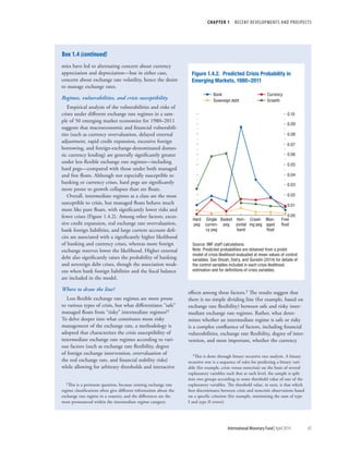 CHAPTER 1  RECENT DEVELOPMENTS AND PROSPECTS
	 International Monetary Fund|April 2014	45
mies have led to alternating concern about currency
appreciation and depreciation—but in either case,
concern about exchange rate volatility, hence the desire
to manage exchange rates.
Regimes, vulnerabilities, and crisis susceptibility
Empirical analysis of the vulnerabilities and risks of
crises under different exchange rate regimes in a sam-
ple of 50 emerging market economies for 1980–2011
suggests that macroeconomic and financial vulnerabili-
ties (such as currency overvaluation, delayed external
adjustment, rapid credit expansion, excessive foreign
borrowing, and foreign-exchange-denominated domes-
tic currency lending) are generally significantly greater
under less flexible exchange rate regimes—including
hard pegs—compared with those under both managed
and free floats. Although not especially susceptible to
banking or currency crises, hard pegs are significantly
more prone to growth collapses than are floats.
Overall, intermediate regimes as a class are the most
susceptible to crisis, but managed floats behave much
more like pure floats, with significantly lower risks and
fewer crises (Figure 1.4.2). Among other factors, exces-
sive credit expansion, real exchange rate overvaluation,
bank foreign liabilities, and large current account defi-
cits are associated with a significantly higher likelihood
of banking and currency crises, whereas more foreign
exchange reserves lower the likelihood. Higher external
debt also significantly raises the probability of banking
and sovereign debt crises, though the association weak-
ens when bank foreign liabilities and the fiscal balance
are included in the model.
Where to draw the line?
Less flexible exchange rate regimes are more prone
to various types of crisis, but what differentiates “safe”
managed floats from “risky” intermediate regimes?2
To delve deeper into what constitutes more risky
management of the exchange rate, a methodology is
adopted that characterizes the crisis susceptibility of
intermediate exchange rate regimes according to vari-
ous factors (such as exchange rate flexibility, degree
of foreign exchange intervention, overvaluation of
the real exchange rate, and financial stability risks)
while allowing for arbitrary thresholds and interactive
2This is a pertinent question, because existing exchange rate
regime classifications often give different information about the
exchange rate regime in a country, and the differences are the
most pronounced within the intermediate regime category.
effects among these factors.3 The results suggest that
there is no simple dividing line (for example, based on
exchange rate flexibility) between safe and risky inter-
mediate exchange rate regimes. Rather, what deter-
mines whether an intermediate regime is safe or risky
is a complex confluence of factors, including financial
vulnerabilities, exchange rate flexibility, degree of inter-
vention, and most important, whether the currency
3This is done through binary recursive tree analysis. A binary
recursive tree is a sequence of rules for predicting a binary vari-
able (for example, crisis versus noncrisis) on the basis of several
explanatory variables such that at each level, the sample is split
into two groups according to some threshold value of one of the
explanatory variables. The threshold value, in turn, is that which
best discriminates between crisis and noncrisis observations based
on a specific criterion (for example, minimizing the sum of type
I and type II errors).
Box 1.4 (continued)
0.00
0.01
0.02
0.03
0.04
0.05
0.06
0.07
0.08
0.09
0.10
Bank Currency
Sovereign debt Growth
Figure 1.4.2. Predicted Crisis Probability in
Emerging Markets, 1980–2011
Source: IMF staff calculations.
Note: Predicted probabilities are obtained from a probit
model of crisis likelihood evaluated at mean values of control
variables. See Ghosh, Ostry, and Qureshi (2014) for details of
the control variables included in each crisis likelihood
estimation and for deﬁnitions of crisis variables.
Single
curren-
cy peg
Basket
peg
Hori-
zontal
band
Crawl-
ing peg
Man-
aged
ﬂoat
Free
ﬂoat
Hard
peg
 