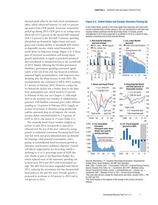 CHAPTER 2  COUNTRY AND REGIONAL PERSPECTIVES
	 International Monetary Fund|April 2014	51
demand partly offset by the hefty fiscal consolidation
effort, which subtracted between 1¼ and 1½ percent-
age points from GDP growth. Economic momentum
picked up during 2013; GDP grew at an average annu-
alized rate of 3.3 percent in the second half compared
with 1.2 percent in the first half. Consumer spending
also picked up, boosted by higher house and stock
prices and a further decline in household debt ­relative
to disposable income, which raised household net
worth above its long-term average (Figure 2.2). A faster
pace of inventory accumulation and strong export
growth (particularly in regard to petroleum products)
also contributed to sustained activity in the second half
of 2013. Mainly reflecting the October government
shutdown, government spending contracted signifi-
cantly at the end of the year, but financial conditions
remained highly accommodative, with long-term rates
declining after the sharp increase in mid-2013. The
unemployment rate continued to fall in 2013, reaching
6.7 percent in February 2014. However, a major fac-
tor behind the decline was a further drop in the labor
force participation rate, which stood at 63 percent
in February of this year (see Chapter 1). Still-ample
slack in the economy was manifest in subdued price
pressures, with headline consumer price index inflation
standing at 1.6 percent in February 2014. Largely on
account of increases in domestic energy production
and the associated drop in oil imports, the current
account deficit narrowed further to 2.3 percent of
GDP in 2013—the lowest in 15 years (Table 2.1).
The unusually harsh winter weather weighed on
activity in early 2014, but growth is expected to
rebound over the rest of the year—driven by strong
growth in residential investment (bouncing back from
very low levels and given substantial pent-up demand
for housing), solid personal consumption, and a
pickup in nonresidential fixed-investment growth as
consumer and business confidence improves. Growth
will also be supported by less fiscal drag, which is
declining to ¼ to ½ percentage point of GDP this
year, thanks in part to the Bipartisan Budget Act,
which replaced some of the automatic spending cuts
in fiscal years 2014 and 2015 with back-loaded sav-
ings. The debt limit has been suspended until March
2015, reducing the uncertainty that has characterized
fiscal policy in the past few years. Overall, growth is
projected to accelerate to 2.8 percent in 2014 and to
3.0 percent in 2015.
–2
–1
0
1
2
3
4
5
2010–11
12–13
14–15
2010–11
12–13
14–15
300
400
500
600
700
800
40
70
100
130
160
190
220
250
2006 08 10 12 13:
Q4
4. Household Net Worth
and Debt (percent of
disposable income)
–15
–10
–5
0
5
10
15
20
40
60
80
100
120
140
160
180
200
2006 08 10 12 Jan.
14
61
62
63
64
65
66
67
68
69
4
5
6
7
8
9
10
11
12
13
2008 09 10 11 12 Feb.
14
Figure 2.2. United States and Canada: Recovery Firming Up
200
600
1,000
1,400
1,800
2,200
2,600
3,000
2005 07 09 11 Dec.
13
1. Real Activity Indicators
(percent change)
3. House and Equity Prices1
5. U.S. Household
Formation
(thousand units; annu-
alized; four-quarter
moving average)
2. U.S. Labor Market
(percent)
Priv. cons. Net exports
U.S. CAN
–3
–2
–1
0
1
2
3
4
2007 09 11 13 15
GDP growth
6. U.S. Fiscal Impulse2
(percent of GDP)
U.S. net worth
CAN net worth
Labor force participation
rate
Unemployment rate
(right scale)
U.S. FHFA HPI
CAN MLS HPI
SP 500
SP/TSXRight scale:
U.S. household debt
CAN household debt
Right scale:
Household formation
precrisis average
Priv. nonres. inv.
Priv. res. inv.
Sources: Bloomberg, L.P.; Canadian Real Estate Association; Congressional
Budget Ofﬁce; Haver Analytics; and IMF staff estimates.
Note: CAN = Canada; cons. = consumption; FHFA HPI = Federal Housing Finance
Agency Housing Price Index; inv. = investment; MLS HPI = Multiple Listing
Service Housing Price Index; nonres. = nonresidential; priv. = private; res. =
residential; SP = Standard  Poor’s; TSX = Toronto Stock Exchange.
1
Year-over-year percent change for house prices and index; January 2005 = 100
for SP and TSX.
2
The ﬁscal impulse is the negative of the change in the primary structural
balance.
In the United States, growth in 2013 was higher than expected, and recent data
remain consistent with a further pickup in 2014 as improvement in the labor and
housing markets continues and the ﬁscal drag wanes. In Canada, growth
strengthened in 2013 and is expected to accelerate in 2014 as a result of rising
business investment and ﬁrming external demand.
 