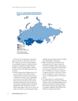 wOrld ecOnOmic OutlOOk: recOvery, risk, and rebalancing




                 Figure 2.10. Commonwealth of Independent States:
                 Average Projected Real GDP Growth during 2010–111
                 (Percent)




                        Below 0
                        Between 0 and 2
                        Between 2 and 5
                        Above 5
                        Insufficient data
                        Covered in a different map

                  Source: IMF staff estimates.
                  1
                   Includes Georgia and Mongolia.




        Real activity for the CIS region is expected to           Gradually rising real wages and lower unemploy-
     grow at 4.3 percent in 2010 and 4.6 percent in               ment should support consumption.
     2011 (Table 2.5). As in other regions, prospects           • High commodity prices also benefit other
     vary considerably. Exposure to commodity prices,             energy exporters in the region. Large-scale
     the degree of integration with global financial              investment and higher volumes of gas exports
     markets, the extent of policy support, and links             are projected to boost growth in Turkmenistan
     to Russia are factors that differ importantly across         to 9.4 percent in 2010 and 11.5 percent in
     economies.                                                   2011. In Uzbekistan, real activity is expected
     • In Russia, despite relatively high oil prices, the         to expand by 8 percent in 2010 and 7 percent
        near-term outlook is for a modest recovery.               in 2011. Kazakhstan is set for a slower recov-
        Output growth is projected to reach 4 percent             ery, due to lingering problems in its financial
        in 2010 and 4.3 percent in 2011. Although the             system.
        current heat wave and related wildfires could           • For energy importers as a group, growth is
        detract from near-term growth, and the ongo-              projected to pick up to 4.6 percent in 2010 and
        ing rebound still depends on policy support, a            5 percent in 2011, reflecting the global recovery
        self-sustained consumption-led recovery should            and financial stability (for example, Ukraine).
        gradually take hold. The adjustment of bank               Some of these economies (for example, Arme-
        balance sheets appears to have run its course, and        nia, Moldova, Tajikistan) will benefit from the
        banks seem poised to cautiously expand lending.           rebound in remittances from Russia.


82   International Monetary Fund | October 2010
 