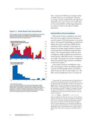 wOrld ecOnOmic OutlOOk: recOvery, risk, and rebalancing




                                                                                             than 1.5 percent of GDP per year represent about
                                                                                             one-fifth of all cases of consolidation. Therefore,
                                                                                             on average, countries implemented such large fiscal
                                                                                             adjustments once every 14 years. As we show later
                                                                                             on, the estimated effects of these large adjustments
                                                                                             on output are similar to the effects of smaller
                                                                                             adjustments.

Figure 3.1. Action-Based Fiscal Consolidation
There were about 170 cases of action-based fiscal consolidation over the past 30
                                                                                             estimated effects of fiscal consolidation
years in advanced economies. Consolidation has often relied primarily on
spending cuts. On average, action-based fiscal consolidation amounted to                        With periods of fiscal consolidation now identi-
1 percent of GDP a year, but the range was wide.                                             fied, this section employs statistical techniques to
                                                                                             assess the impact of the fiscal measures on economic
  Fiscal Consolidation over Time                                                        14
  (number of fiscal contractions by year)                                                    activity. The statistical methodology is standard and
         Spending-based                                                                 12   follows that of Cerra and Saxena (2008), Romer
         Tax-based
         Other                                                                          10   and Romer (2010), and others. In particular, we
                                                                                        8
                                                                                             estimate the average impulse response of output to
                                                                                             action-based fiscal consolidation using panel data
                                                                                        6
                                                                                             analysis. The estimated equation makes use of an
                                                                                        4
                                                                                             autoregressive model in growth rates estimated on
                                                                                        2    annual data for 1980–2009 for the 15 countries in
                                                                                        0    our sample. The growth rates are then cumulated to
1980          85            90             95         2000           05           10
                                                                                             obtain the estimated impact of fiscal consolidation
  Size of Fiscal Consolidation                                                          60   on the level of output.16
  (in percent of GDP a year)
                                                                                                A key result is that fiscal consolidation is typi-
                                                                                        50
                                                                                             cally contractionary. A fiscal consolidation equal to
                                                                                        40   1 percent of GDP typically reduces real GDP by
                                                                                        30
                                                                                             about 0.5 percent after two years (Figure 3.2). The
                                                                                             effect on the unemployment rate is an increase of
                                                                                        20

                                                                                        10

                                                                                        0       16 In particular, the estimated equation has the growth rate of
     0               1                 2                 3                 4
                                                                                             real GDP as the dependent variable on the left-hand side. On
  Source: IMF staff calculations.                                                            the right-hand side, the explanatory variables are the current and
  Note: The 15 advanced economies in the sample are Australia, Belgium, Canada,              lagged values of the fiscal consolidation measures identified as
Denmark, Finland, France, Germany, Ireland, Italy, Japan, Portugal, Spain, Sweden,           discussed above. Including lags allows for a delayed impact of fis-
United Kingdom, and United States. “Spending-based” consolidation relied primarily on
spending cuts. “Tax-based” consolidation relied primarily on tax hikes. The “other”
                                                                                             cal consolidation on growth. In addition, the approach controls
category denotes contractions for which composition details were either not available        for lags of real GDP growth, to distinguish the effect of fiscal
or for which no category accounted for the majority of the adjustment.                       consolidation from that of normal output dynamics. Thus, the
                                                                                             equation estimated is
                                                                                                           2           2
                                                                                               git 5 a 1 ∑ bj gi,t–j 1 ∑ bs ABFCi,t–s 1 mi 1 lt 1 nit ,
                                                                                                          j=1          s=0
                                                                                             where the subscript i denotes the ith country, and the subscript
                                                                                             t denotes the tth year; g is the percent change in real GDP; and
                                                                                             ABFC is the estimated size of the action-based fiscal consolida-
                                                                                             tion measures as a percent of GDP. The approach includes a
                                                                                             full set of country dummies (mi ) to take account of differences
                                                                                             among countries’ normal growth rates. The estimated equation
                                                                                             also includes a full set of time dummies (lt ) to take account of
                                                                                             global shocks such as shifts in oil prices or the global business
                                                                                             cycle.



98           International Monetary Fund | October 2010
 