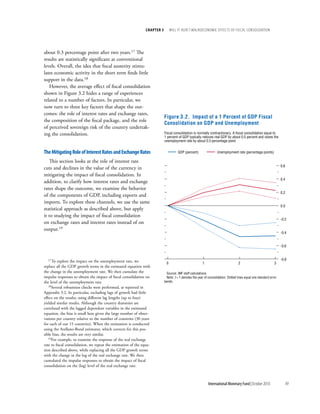 chapter 3        will it Hurt? macrOecOnOmic effects Of fiscal cOnsOlidatiOn




about 0.3 percentage point after two years.17 The
results are statistically significant at conventional
levels. Overall, the idea that fiscal austerity stimu-
lates economic activity in the short term finds little
support in the data.18
   However, the average effect of fiscal consolidation
shown in Figure 3.2 hides a range of experiences
related to a number of factors. In particular, we
now turn to three key factors that shape the out-
comes: the role of interest rates and exchange rates,
                                                                            Figure 3.2. Impact of a 1 Percent of GDP Fiscal
the composition of the fiscal package, and the role
                                                                            Consolidation on GDP and Unemployment
of perceived sovereign risk of the country undertak-
ing the consolidation.                                                      Fiscal consolidation is normally contractionary. A fiscal consolidation equal to
                                                                            1 percent of GDP typically reduces real GDP by about 0.5 percent and raises the
                                                                            unemployment rate by about 0.3 percentage point.


the Mitigating role of interest rates and exchange rates                              GDP (percent)                 Unemployment rate (percentage points)

   This section looks at the role of interest rate
                                                                                                                                                                     0.6
cuts and declines in the value of the currency in
mitigating the impact of fiscal consolidation. In
                                                                                                                                                                     0.4
addition, to clarify how interest rates and exchange
rates shape the outcome, we examine the behavior
                                                                                                                                                                     0.2
of the components of GDP, including exports and
imports. To explore these channels, we use the same
                                                                                                                                                                     0.0
statistical approach as described above, but apply
it to studying the impact of fiscal consolidation
                                                                                                                                                                     -0.2
on exchange rates and interest rates instead of on
output.19
                                                                                                                                                                     -0.4


                                                                                                                                                                     -0.6


  17 To  explore the impact on the unemployment rate, we                                                                                                             -0.8
                                                                             0                           1                          2                           3
replace all the GDP growth terms in the estimated equation with
the change in the unemployment rate. We then cumulate the                     Source: IMF staff calculations.
impulse responses to obtain the impact of fiscal consolidation on             Note: t = 1 denotes the year of consolidation. Dotted lines equal one standard error
the level of the unemployment rate.                                         bands.
   18Several robustness checks were performed, as reported in

Appendix 3.2. In particular, excluding lags of growth had little
effect on the results; using different lag lengths (up to four)
yielded similar results. Although the country dummies are
correlated with the lagged dependent variables in the estimated
equation, the bias is small here given the large number of obser-
vations per country relative to the number of countries (30 years
for each of our 15 countries). When the estimation is conducted
using the Arellano-Bond estimator, which corrects for this pos-
sible bias, the results are very similar.
   19For example, to examine the response of the real exchange

rate to fiscal consolidation, we repeat the estimation of the equa-
tion described above, while replacing all the GDP growth terms
with the change in the log of the real exchange rate. We then
cumulated the impulse responses to obtain the impact of fiscal
consolidation on the (log) level of the real exchange rate.



                                                                                                             International Monetary Fund | October 2010                    99
 