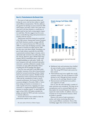 wOrld ecOnOmic OutlOOk: recOvery, risk, and rebalancing




          Box 4.2. protectionism in the recent crisis
             The extent of trade protectionism before and
                                                                       Simple Average Tariff Rates: 2008
          during the recent crisis has been subject to signifi-        (Percent)
          cantly different interpretations. This box addresses
                                                                                               MFN applied1              Bound
          the question by drawing on recent research by IMF
          staff (Gregory and others, 2010). New trade restric-
          tions have so far been limited to a small share of                                                                                                50

          global trade but have had a strong negative impact
          on trade flows. This box suggests ways for econo-                                                                                                 40
          mies to avoid allowing rising trade protectionism to
          interfere with the recovery.                                                                                                                      30
             Trade became much freer during the second half
          of the 20th century. Among major western European                                                                                                 20
          and North American countries, average tariffs fell
          from 15 to 4 percent between the 1950s and mid-                                                                                                   10
          2000s. In many major developing economies, tariffs
          increased or remained very high until the 1980s
                                                                                                                                                            0
          but have since come down sharply. Nonetheless, the



                                                                                      Brazil




                                                                                                                           United States
                                                                          Argentina




                                                                                                 China


                                                                                                         India

                                                                                                                 Japan




                                                                                                                                           European Union
          pace of trade reforms waned after the mid-2000s
          as protectionist sentiment began to increase, and so
          substantial trade restrictions were still in place when
          the crisis hit. Moreover, gaps in World Trade Orga-
          nization (WTO) commitments leave a wide scope                 Source: World Trade Organization, World Tariff Profiles 2009.
          for legal backsliding on trade policy. Tariffs—the            1MFN = Most favored nation.

          most transparent and easily monitored trade policy
          instrument—provide an illustrative example. Some
          economies can raise tariffs substantially without         • Multilateral rules and institutions have clarified
          exceeding their WTO bindings (first figure).                 the types of policy actions considered respon-
             Once the crisis took hold in mid-2008, politi-            sible. The strong WTO-based trade system has
          cal leaders’ awareness of the risks of protectionism,        been central.
          backed by increased monitoring activities, helped         • Trade declined much more rapidly than overall
          limit the protectionist response. Mindful of both            economic activity. The ratio of imports to GDP
          the disastrous results of protectionism during the           declined as well. Although job losses mounted,
          1930s and the contribution of trade to macro-                they were not, by and large, blamed on trade.
          economic performance, the Group of 20 (G20)               • Macroeconomic and financial sector policies
          economies pledged in November 2008 to “refrain               were supportive of trade.
          from raising new barriers to investment or to                Even so, once the crisis took hold, a number of
          trade in goods and services, imposing new export          trade restrictions were introduced. The sharp rise in
          restrictions, or implementing WTO inconsistent            unemployment and its continued high levels may
          measures to stimulate exports.” In April 2009 and         help explain the increased frequency of industry
          again in June 2010, G20 leaders extended this             requests for trade remedies. In addition, there was
          pledge and asked the WTO and other institutions           increased use of unconventional measures, which
          to monitor adherence.                                     are harder to quantify.
             Several other factors have worked to limit the            However, the extent of trade restrictions is
          protectionist response to the crisis:                     unclear, and various monitoring efforts have
                                                                    come to quite different conclusions. None of the
             The main author of this box is Robert Gregory.         watchdogs suggest that we have seen, or are likely




146   International Monetary Fund | October 2010
 