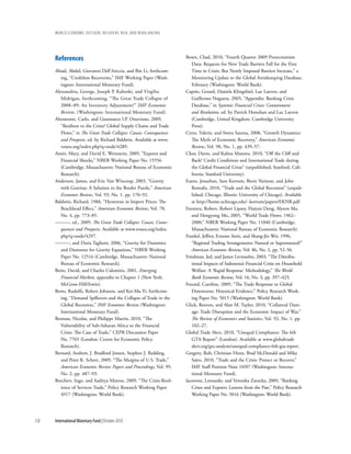 wOrld ecOnOmic OutlOOk: recOvery, risk, and rebalancing




      references                                                     Bown, Chad, 2010, “Fourth Quarter 2009 Protectionism
                                                                        Data: Requests for New Trade Barriers Fall for the First
      Abiad, Abdul, Giovanni Dell’Ariccia, and Bin Li, forthcom-        Time in Crisis; But Newly Imposed Barriers Increase,” a
         ing, “Creditless Recoveries,” IMF Working Paper (Wash-         Monitoring Update to the Global Antidumping Database,
         ington: International Monetary Fund).                          February (Washington: World Bank).
      Alessandria, George, Joseph P. Kaboski, and Virgiliu           Caprio, Gerard, Daniela Klingebiel, Luc Laeven, and
         Midrigan, forthcoming, “The Great Trade Collapse of            Guillermo Noguera, 2005, “Appendix: Banking Crisis
         2008–09: An Inventory Adjustment?” IMF Economic                Database,” in Systemic Financial Crises: Containment
         Review, (Washington: International Monetary Fund).             and Resolution, ed. by Patrick Honohan and Luc Laeven
      Altomonte, Carlo, and Gianmarco I.P. Ottaviano, 2009,             (Cambridge, United Kingdom: Cambridge University
         “Resilient to the Crisis? Global Supply Chains and Trade       Press).
         Flows,” in The Great Trade Collapse: Causes, Consequences   Cerra, Valerie, and Sweta Saxena, 2008, “Growth Dynamics:
         and Prospects, ed. by Richard Baldwin. Available at www.       The Myth of Economic Recovery,” American Economic
         voxeu.org/index.php?q=node/4289.                               Review, Vol. 98, No. 1, pp. 439–57.
      Amiti, Mary, and David E. Weinstein, 2009, “Exports and        Chor, Davin, and Kalina Manova, 2010, “Off the Cliff and
         Financial Shocks,” NBER Working Paper No. 15556                Back? Credit Conditions and International Trade during
         (Cambridge, Massachusetts: National Bureau of Economic         the Global Financial Crisis” (unpublished; Stanford, Cali-
         Research).                                                     fornia: Stanford University).
      Anderson, James, and Eric Van Wincoop, 2003, “Gravity          Eaton, Jonathan, Sam Kortum, Brent Neiman, and John
         with Gravitas: A Solution to the Border Puzzle,” American      Romalis, 2010, “Trade and the Global Recession” (unpub-
         Economic Review, Vol. 93, No. 1, pp. 170–92.                   lished; Chicago, Illinois: University of Chicago). Available
      Baldwin, Richard, 1988, “Hysteresis in Import Prices: The         at http://home.uchicago.edu/~kortum/papers/EKNR.pdf.
         Beachhead Effect,” American Economic Review, Vol. 78,       Feenstra, Robert, Robert Lipsey, Haiyan Deng, Alyson Ma,
         No. 4, pp. 773–85.                                             and Hengyong Mo, 2005, “World Trade Flows: 1962–
      ———, ed., 2009, The Great Trade Collapse: Causes, Conse-          2000,” NBER Working Paper No. 11040 (Cambridge,
         quences and Prospects. Available at www.voxeu.org/index.       Massachusetts: National Bureau of Economic Research).
         php?q=node/4297.                                            Frankel, Jeffrey, Ernesto Stein, and Shang-Jin Wei, 1996,
      ———, and Daria Taglioni, 2006, “Gravity for Dummies               “Regional Trading Arrangements: Natural or Supernatural?”
         and Dummies for Gravity Equations,” NBER Working               American Economic Review, Vol. 86, No. 2, pp. 52–56.
         Paper No. 12516 (Cambridge, Massachusetts: National         Friedman, Jed, and James Levinsohn, 2003, “The Distribu-
         Bureau of Economic Research).                                  tional Impacts of Indonesia’s Financial Crisis on Household
      Beim, David, and Charles Calomiris, 2001, Emerging                Welfare: A ‘Rapid Response’ Methodology,” The World
         Financial Markets, appendix to Chapter 1 (New York:            Bank Economic Review, Vol. 16, No. 3, pp. 397–423.
         McGraw-Hill/Irwin).                                         Freund, Caroline, 2009, “The Trade Response to Global
      Bems, Rudolfs, Robert Johnson, and Kei-Mu Yi, forthcom-           Downturns: Historical Evidence,” Policy Research Work-
         ing, “Demand Spillovers and the Collapse of Trade in the       ing Paper No. 5015 (Washington: World Bank).
         Global Recession,” IMF Economic Review (Washington:         Glick, Reuven, and Alan M. Taylor, 2010, “Collateral Dam-
         International Monetary Fund).                                  age: Trade Disruption and the Economic Impact of War,”
      Berman, Nicolas, and Philippe Martin, 2010, “The                  The Review of Economics and Statistics, Vol. 92, No. 1, pp.
         Vulnerability of Sub-Saharan Africa to the Financial           102–27.
         Crisis: The Case of Trade,” CEPR Discussion Paper           Global Trade Alert, 2010, “Unequal Compliance: The 6th
         No. 7765 (London: Centre for Economic Policy                   GTA Report” (London). Available at www.globaltrade
         Research).                                                     alert.org/gta-analysis/unequal-compliance-6th-gta-report.
      Bernard, Andrew, J. Bradford Jensen, Stephen J. Redding,       Gregory, Rob, Christian Henn, Brad McDonald and Mika
         and Peter K. Schott, 2009, “The Margins of U.S. Trade,”        Saito, 2010, “Trade and the Crisis: Protect or Recover,”
         American Economic Review Papers and Proceedings, Vol. 99,      IMF Staff Position Note 10/07 (Washington: Interna-
         No. 2, pp. 487–93.                                             tional Monetary Fund).
      Borchert, Ingo, and Aaditya Mattoo, 2009, “The Crisis-Resil-   Iacovone, Leonardo, and Veronika Zavacka, 2009, “Banking
         ience of Services Trade,” Policy Research Working Paper        Crises and Exports: Lessons from the Past,” Policy Research
         4917 (Washington: World Bank).                                 Working Paper No. 5016 (Washington: World Bank).




158   International Monetary Fund | October 2010
 