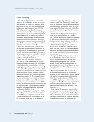 WOrld EcOnOmic OutlOOk: rEcOvEry, risk, and rEbalancing




          Box a1 (concluded)
             Italy: The fiscal projections incorporate the        projections for spending, including for pen-
          impact of the 2010 budget law and fiscal adjust-        sions and health care, and for wage restraint. For
          ment measures for 2010–13 as approved by the            2010–11, projections take into account departure
          government in May 2010 and modified during              from the balanced budget target under the excep-
          parliamentary approval during June–July. The            tional clause of the fiscal framework, which allows
          IMF staff projections are based on the authori-         for a small deficit reflecting cyclical deterioration
          ties’ estimates of the policy scenario, including the   in revenues.
          above medium-term fiscal consolidation package             Netherlands: Fiscal projections for the period
          and adjusted mainly for differences in the mac-         2009–11 are based on Bureau for Economic
          roeconomic assumptions and for less optimistic          Policy Analysis budget projections, after adjusting
          assumptions concerning the impact of revenue            for differences in macroeconomic assumptions.
          administration measures (to combat tax evasion).        For the remainder of the projection period, the
          After 2013, a constant structural primary balance       projection assumes unchanged policies.
          (net of one-time items) is assumed.                        New Zealand: Fiscal projections are based on
             Japan: The 2010 projections assume that fis-         the authorities’ 2010 budget and IMF staff esti-
          cal plans will be implemented as announced by           mates. The New Zealand fiscal accounts switched
          the government. The medium-term projections             to generally accepted accounting principles begin-
          typically assume that expenditure and revenue of        ning in fiscal year 2006/07, with no comparable
          the general government are adjusted in line with        historical data.
          current underlying demographic and economic                Portugal: For 2010, fiscal projections are based
          trends (excluding fiscal stimulus).                     on the 2010 budget, adjusted for differences
             Korea: The fiscal projections assume that            between the government’s and the IMF staff’s
          fiscal policies will be implemented in 2010 as          macroeconomic assumptions. For 2011 and
          announced by the government. The 2010 budget            beyond, the IMF staff largely incorporates the
          scales back stimulus measures relative to 2009,         specific fiscal measures in the medium-term fiscal
          implying a negative fiscal impulse estimated at 2       plan, adjusted for the IMF staff’s macroeconomic
          percent of GDP. Expenditure numbers for 2010            projections.
          correspond to the expenditure numbers presented            Russia: Projections for 2010 are based on
          in the government’s budget proposal. Revenue            the nominal expenditures in the 2010 budget,
          projections reflect the IMF staff’s macroeconomic       including the June supplementary budget, and the
          assumptions, adjusted for the estimated costs of        IMF staff’s revenue projections. Projections for
          tax measures included in the multiyear stimulus         2011–13 are based on the non-oil deficit in per-
          package introduced last year and discretionary          cent of GDP implied by the draft medium-term
          revenue-raising measures included in the 2010           budget and on the IMF staff’s revenue projections.
          budget. The medium-term projections assume that         The IMF staff assumes an unchanged non-oil
          the government will continue with its consolida-        federal government balance in percent of GDP
          tion plans and balance the budget (excluding            during 2013–15.
          social security funds) in 2014.                            Saudi Arabia: The authorities systematically
             Mexico: Fiscal projections are based on (1) the      underestimate revenues and expenditures in the
          IMF staff’s macroeconomic projections; (2) the          budget relative to actual outturns. IMF staff pro-
          modified balanced budget rule under the Fiscal          jections of oil revenues are based on WEO base-
          Responsibility Legislation, including the use of        line oil prices discounted by 5 percent, reflecting
          the exceptional clause; and (3) the authorities’        the higher sulfur content in Saudi crude oil.




166   International Monetary Fund | October 2010
 
