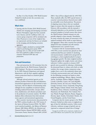 WOrld EcOnOmic OutlOOk: rEcOvEry, risk, and rEbalancing




        See Box 5.4 of the October 1998 World Economic           2001)—have all been aligned with the 1993 SNA.
      Outlook for details on how the conversion rates            These standards reflect the IMF’s special interest in
      were established.                                          countries’ external positions, financial sector stabil-
                                                                 ity, and public sector fiscal positions. The process
                                                                 of adapting country data to the new standards
      What’s new                                                 begins in earnest when the manuals are released.
      • Starting with the October 2010 World Economic            However, full concordance with the manuals is
        Outlook, the emerging and developing economies’          ultimately dependent on the provision by national
        Western Hemisphere region has been renamed               statistical compilers of revised country data; hence,
        Latin America and the Caribbean (LAC), the               the World Economic Outlook estimates are only
        country group composites will be calculated only         partially adapted to these manuals. Nonetheless,
        when 90 percent or more of the weighted data             for many countries the impact of conversion to the
        are represented, and data for Kosovo are included        updated standards will be small on major balances
        in the emerging and developing economies                 and aggregates. Many other countries have partially
        aggregates.                                              adopted the latest standards and will continue
      • Country weights calculated as nominal GDP                implementation over a period of years.
        valued at purchasing-power-parity (PPP)                     Consistent with the recommendations of the
        exchange rates as a share of total world GDP             1993 SNA, several countries have phased out their
        have been updated to reflect revisions to                traditional fixed-base-year method of calculating
        countries’ historical GDP data and                       real macroeconomic variable levels and growth by
        projections.                                             switching to a chain-weighted method of comput-
                                                                 ing aggregate growth. The chain-weighted method
                                                                 frequently updates the weights of price and volume
      data and conventions                                       indicators. It allows countries to measure GDP
         Data and projections for 183 economies form the         growth more accurately by reducing or eliminating
      statistical basis for the World Economic Outlook (the      the downward biases in volume series built on index
      WEO database). The data are maintained jointly             numbers that average volume components using
      by the IMF’s Research Department and regional              weights from a year in the moderately distant past.
      departments, with the latter regularly updating            Currently, macroeconomic price and volume data
      country projections based on consistent global             for the following economies are based on chain-
      assumptions.                                               weighted methodology: Albania, Algeria, Australia,
         Although national statistical agencies are the          Austria, Azerbaijan, Belarus, Belgium, Bulgaria,
      ultimate providers of historical data and definitions,     Canada, Colombia, Cyprus, the Czech Republic,
      international organizations are also involved in statis-   Denmark, Estonia, the euro area, Finland, France,
      tical issues, with the objective of harmonizing meth-      Georgia, Germany, Greece, Guatemala, Hong Kong
      odologies for the compilation of national statistics,      SAR, Hungary, Iceland, Ireland, Israel, Italy, Japan,
      including analytical frameworks, concepts, defini-         Kazakhstan, Korea, Lithuania, Luxembourg, Malta,
      tions, classifications, and valuation procedures used      Mauritania, the Netherlands, New Zealand, Nor-
      in the production of economic statistics. The WEO          way, Poland, Portugal, Romania, Russia, Singapore,
      database reflects information from both national           Slovenia, Spain, Sweden, Switzerland, Ukraine, the
      source agencies and international organizations.           United Kingdom, and the United States.
         Most countries’ macroeconomic data presented in            Composite data for country groups in the World
      the WEO conform broadly to the 1993 version of             Economic Outlook are either sums or weighted aver-
      the System of National Accounts (SNA). The IMF’s           ages of data for individual countries. Unless noted
      sector statistical standards—the Balance of Payments       otherwise, multiyear averages of growth rates are
      Manual, Fifth Edition (BPM5), the Monetary and             expressed as compound annual rates of change.1
      Financial Statistics Manual (MFSM 2000), and the             1Averages for real GDP and its components, employment, per

      Government Finance Statistics Manual 2001 (GFSM            capita GDP, inflation, factor productivity, trade, and commod-

168   International Monetary Fund | October 2010
 