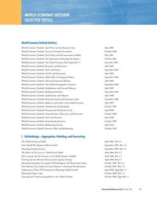 World Economic outlook
   Selected topicS



World economic outlook Archives
World Economic Outlook: Asset Prices and the Business Cycle                     May 2000
World Economic Outlook: Focus on Transition Economies                           October 2000
World Economic Outlook: Fiscal Policy and Macroeconomic Stability               May 2001
World Economic Outlook: The Information Technology Revolution                   October 2001
World Economic Outlook: The Global Economy After September 11                   December 2001
World Economic Outlook: Recessions and Recoveries                               April 2002
World Economic Outlook: Trade and Finance                                       September 2002
World Economic Outlook: Growth and Institutions                                 April 2003
World Economic Outlook: Public Debt in Emerging Markets                         September 2003
World Economic Outlook: Advancing Structural Reforms                            April 2004
World Economic Outlook: The Global Demographic Transition                       September 2004
World Economic Outlook: Globalization and External Balances                     April 2005
World Economic Outlook: Building Institutions                                   September 2005
World Economic Outlook: Globalization and Inflation                             April 2006
World Economic Outlook: Financial Systems and Economic Cycles                   September 2006
World Economic Outlook: Spillovers and Cycles in the Global Economy             April 2007
World Economic Outlook: Globalization and Inequality                            October 2007
World Economic Outlook: Housing and the Business Cycle                          April 2008
World Economic Outlook: Financial Stress, Downturns, and Recoveries             October 2008
World Economic Outlook: Crisis and Recovery                                     April 2009
World Economic Outlook: Sustaining the Recovery                                 October 2009
World Economic Outlook: Rebalancing Growth                                      April 2010
World Economic Outlook: Recovery, Risk, and Rebalancing                         October 2010


i. Methodology—Aggregation, Modeling, and Forecasting
The Global Economy Model                                                        April 2003, Box 4.3
How Should We Measure Global Growth?                                            September 2003, Box 1.2
Measuring Foreign Reserves                                                      September 2003, Box 2.2
The Effects of Tax Cuts in a Global Fiscal Model                                April 2004, Box 2.2
How Accurate Are the Forecasts in the World Economic Outlook?                   April 2006, Box 1.3
Drawing the Line Between Personal and Corporate Savings                         April 2006, Box 4.1
Measuring Inequality: Conceptual, Methodological, and Measurement Issues        October 2007, Box 4.1
New Business Cycle Indices for Latin America: A Historical Reconstruction       October 2007, Box 5.3
Implications of New PPP Estimates for Measuring Global Growth                   April 2008, Appendix 1.1
Measuring Output Gaps                                                           October 2008, Box 1.3
Assessing and Communicating Risks to the Global Outlook                         October 2008, Appendix 1.1




                                                                            International Monetary Fund | October 2010   209
 