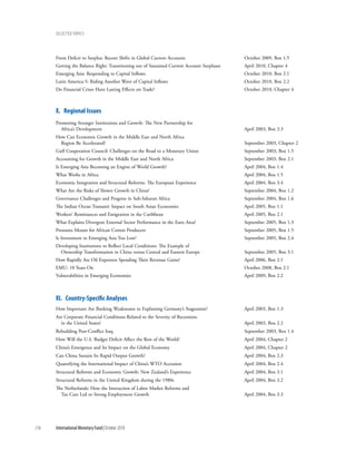 Selected tOpicS




      From Deficit to Surplus: Recent Shifts in Global Current Accounts                     October 2009, Box 1.5
      Getting the Balance Right: Transitioning out of Sustained Current Account Surpluses   April 2010, Chapter 4
      Emerging Asia: Responding to Capital Inflows                                          October 2010, Box 2.1
      Latin America-5: Riding Another Wave of Capital Inflows                               October 2010, Box 2.2
      Do Financial Crises Have Lasting Effects on Trade?                                    October 2010, Chapter 4



      X. Regional issues
      Promoting Stronger Institutions and Growth: The New Partnership for
        Africa’s Development                                                                April 2003, Box 3.3
      How Can Economic Growth in the Middle East and North Africa
        Region Be Accelerated?                                                              September 2003, Chapter 2
      Gulf Cooperation Council: Challenges on the Road to a Monetary Union                  September 2003, Box 1.5
      Accounting for Growth in the Middle East and North Africa                             September 2003, Box 2.1
      Is Emerging Asia Becoming an Engine of World Growth?                                  April 2004, Box 1.4
      What Works in Africa                                                                  April 2004, Box 1.5
      Economic Integration and Structural Reforms: The European Experience                  April 2004, Box 3.4
      What Are the Risks of Slower Growth in China?                                         September 2004, Box 1.2
      Governance Challenges and Progress in Sub-Saharan Africa                              September 2004, Box 1.6
      The Indian Ocean Tsunami: Impact on South Asian Economies                             April 2005, Box 1.1
      Workers’ Remittances and Emigration in the Caribbean                                  April 2005, Box 2.1
      What Explains Divergent External Sector Performance in the Euro Area?                 September 2005, Box 1.3
      Pressures Mount for African Cotton Producers                                          September 2005, Box 1.5
      Is Investment in Emerging Asia Too Low?                                               September 2005, Box 2.4
      Developing Institutions to Reflect Local Conditions: The Example of
        Ownership Transformation in China versus Central and Eastern Europe                 September 2005, Box 3.1
      How Rapidly Are Oil Exporters Spending Their Revenue Gains?                           April 2006, Box 2.1
      EMU: 10 Years On                                                                      October 2008, Box 2.1
      Vulnerabilities in Emerging Economies                                                 April 2009, Box 2.2



      Xi. country-Specific Analyses
      How Important Are Banking Weaknesses in Explaining Germany’s Stagnation?              April 2003, Box 1.3
      Are Corporate Financial Conditions Related to the Severity of Recessions
        in the United States?                                                               April 2003, Box 2.2
      Rebuilding Post-Conflict Iraq                                                         September 2003, Box 1.4
      How Will the U.S. Budget Deficit Affect the Rest of the World?                        April 2004, Chapter 2
      China’s Emergence and Its Impact on the Global Economy                                April 2004, Chapter 2
      Can China Sustain Its Rapid Output Growth?                                            April 2004, Box 2.3
      Quantifying the International Impact of China’s WTO Accession                         April 2004, Box 2.4
      Structural Reforms and Economic Growth: New Zealand’s Experience                      April 2004, Box 3.1
      Structural Reforms in the United Kingdom during the 1980s                             April 2004, Box 3.2
      The Netherlands: How the Interaction of Labor Market Reforms and
        Tax Cuts Led to Strong Employment Growth                                            April 2004, Box 3.3




216   International Monetary Fund | October 2010
 