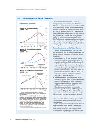 wOrld ecOnOmic OutlOOk: recOvery, risk, and rebalancing




         box 1.2. dismal prospects for the real estate Sector
                                                                                      Real estate markets have been a source of
             Asynchronized Adjustment1                                             strength during past recoveries, but this time is
                       Rebound economies                   Bust economies          different. In many advanced economies, household
               Rebound and Bust: House Price Index
                                                                                   sector develeraging and the process of reallocating
                                                                             180
               (2002:Q1 = 100)                                                     resources away from the construction sector will act
                                                                             160
                                                                                   as a drag on economic activity. In a few countries,
                                                                                   these problems are serious enough to raise concerns
                                                                             140   that there will be a “double dip” in the housing
                                                                                   market. In some economies, particularly in the
                                                                             120   Asia-Pacific region, real estate markets are rebound-
                                                                                   ing, but a fear of overheating is leading to policy
                                                                   100             responses that are likely to keep these markets from
                                                   Asynchronized
                       Synchronized boom             adjustment                    providing a boost to near-term growth.
                                                                   80
                2002 03       04   05      06    07     08      09:
                                                                Q4                 Recent Developments in Real Estate Markets
               Rebound and Bust: Construction Gross Value          130
               Added Index                                                            The real estate boom between 2002 and 2007
               (2002:Q1 = 100)
                                                                                   was synchronized, but the subsequent bust was not.
                                                                             120   Broadly speaking, economies fall into two clusters
                                                                                   (first figure):1
                                                                             110   • Bust economies: In the vast majority of econo-
                                                                                       mies, house prices are continuing to fall or are
                                                                             100
                                                                                       gradually stabilizing, which translates into a fall
                                                            Asynchronized
                                                                                       in both residential investment and gross value
                         Synchronized boom                   adjustment                added (GVA) in the construction sector. In these
                2002    03      04     05      06     07      08     09 10:90          economies house prices have fallen by over 10
                                                                        Q1
                                                                                       percent a year since 2007, after rising about 8½
               Rebound and Bust: Residential Investment Index2               160
               (2002:Q1 = 100)                                                         percent annually between 2000 and 2007. The
                                                 Asynchronized                         cumulative decline in residential investment
                                                   adjustment
                   Synchronized boom                                         140       since 2007 is nearly 30 percent.
                                                                                   • Rebound economies: Several economies in the
                                                                             120       Asia-Pacific region, joined by most Scandinavian
                                                                                       countries and Canada, are seeing a rebound in
                                                                                       house prices and residential investment and a
                                                                             100
                                                                                       stabilization in construction GVA.
                                                                                      The rebound economies are those with bet-
                                                                           80      ter postcrisis growth prospects and better growth
                2002    03      04     05      06     07      08     09 10:
                                                                        Q1         outcomes (second figure). Another factor influenc-
                Sources: National sources; Organization for Economic
             Cooperation and Development, Global Property Guide; and IMF
                                                                                   ing the cross-country variation in housing market
             staff calculations.                                                   outcomes since 2007 was the extent of the boom
              1Rebound economies are Australia, Canada, China, Finland,
             Hong Kong SAR, New Zealand, Norway, Singapore, and Sweden.
             Bust economies are Bulgaria, Croatia, Denmark, Estonia, France,          The main authors of this box are Deniz Igan and Prakash
             Greece, Hungary, Iceland, Ireland, Italy, Latvia, Lithuania, Malta,
             Netherlands, Philippines, Poland, Russia, Slovak Republic,            Loungani. Philippe Bracke and Jair Rodriguez provided
             Slovenia, South Africa, Spain, United Arab Emirates, United           research assistance.
             Kingdom, and United States. House prices in Germany and                  1A third group of economies lies in between. In this small
             Japan have been in decline for an extended period, so these
             countries are not included here.
                                                                                   group (composed of Austria, Belgium, Colombia, Israel,
              2Residential investment data are only for advanced economies.        and Switzerland), house prices have increased modestly—by
                                                                                   about 2 percent annually since 2007, compared with a
                                                                                   2½ percent annual increase between 2000 and 2007—and
                                                                                   residential investment has been flat.




20   International Monetary Fund | October 2010
 
