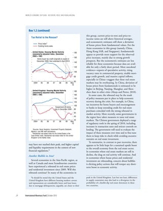 wOrld ecOnOmic OutlOOk: recOvery, risk, and rebalancing




         box 1.2 (continued)
                                                                                     this group, current price-to-rent and price-to-
             Tax Relief to the Rescue?
                                                                                     income ratios are still above historical averages,
                                                                                     and econometric estimates still show a deviation
                       Price index1
                       Existing home sales                                           of house prices from fundamental values. For the
                                                                                     Asian economies in this group (namely, China,
              United States: Housing Market Activity                           180
                                                                                     Hong Kong SAR, and Singapore), fundamentals
              (seasonally adjusted index, December                                   appear to provide more support for the observed
              2003 = 100)
                   Home buyer tax credit originally to expire in
                                                                               160   price increases, mainly due to strong growth
                   December 2009, then extended to April 2010                        prospects. But the econometric estimates are less
                                                                               140
                                                                                     reliable for these economies because data are avail-
                                                                               120   able for only a fairly short period. More anecdotal
                                                                                     evidence—reports of speculative activity, rising
                                                                               100
                                                                                     vacancy rates in commercial property, sizable mort-
                                                                               80    gage credit growth, and massive capital inflows,
                                                                                     especially in China—suggest that these real estate
                                                                               60
                2004      05       06        07       08        09      May          markets may be overheating. In China, deviation of
                                                                         10
                                                                                     house prices from fundamentals is estimated to be
                                                                                     higher in Beijing, Nanjing, Shanghai, and Shen-
              United Kingdom: Housing Market Activity                          180
              (seasonally adjusted index, December                                   zhen than in other cities (Ahuja and Porter, 2010).
              2003 = 100)                                                      160      In some cases, the rebound may be the result
                                                                               140   of policy measures put in place to help economic
                                                                               120   recovery during the crisis. For example, in China,
                                                                               100   tax incentives for home buyers and encouragement
                                                Suspension of stamp                  to banks to keep extending credit for real estate
                                               duty in December 2009           80
                                                                                     purchases coincided with the strong rebound in
                                                                               60
                                                                                     market activity. More recently, some governments in
                                                                               40    the region have taken measures to tame real estate
                2004      05       06        07       08        09      May
                                                                               20    markets. The Chinese government deployed a range
                                                                         10          of regulatory tools in the spring of 2010, including
                                                                                     increases in transaction taxes and stricter controls on
              Sources: Haver Analytics; Investment Property Databank;                lending. The government will need to evaluate the
            Moody's; and IMF staff calculations.
             1Residential real estate index for the United States is the             impact of these measures over time and to fine-tune
            Case-Shiller index. Residential real estate index for the United         them to keep risks in check while avoiding excessive
            Kingdom is the Halifax index.
                                                                                     restraint on real estate investment.
                                                                                        To summarize, in contrast to past recoveries, there
         may have not reached their peak, and higher capital                         appears to be little hope for a sustained upside boost
         and liquidity requirements in the context of new                            to the overall economy from the real estate sector.
         financial regulations.9                                                     In economies where real estate markets are still in
         Another Bubble in Asia?                                                     decline, the drag on real activity will continue. And
                                                                                     in economies where house prices and residential
           Several economies in the Asia-Pacific region, as                          investment are rebounding, concern about bubbles
         well as Canada and most Scandinavian countries                              is eliciting policy actions that will temper any short-
         have experienced a rebound in real estate prices                            term boost to economic activity.
         and residential investment since 2009. Will this
         rebound continue? In many of the economies in
           9It should be noted that the United States and the                        peak in the United Kingdom. Last but not least, differences
         United Kingdom have different housing markets: arrears                      in supply constraints may also lead to a divergence in the
         and repossessions are considerably lower and loan losses                    probability of a double-dip real estate downturn in these
         due to mortgage delinquencies, arguably, are closer to their                two countries.



24   International Monetary Fund | October 2010
 