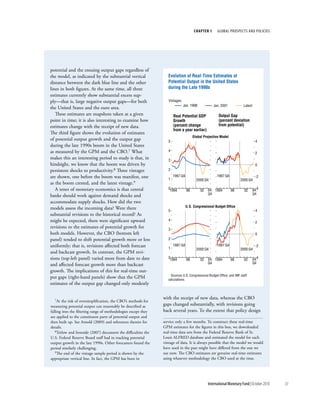 chapter 1        Global ProsPects and PolIcIes




potential and the ensuing output gaps regardless of
the model, as indicated by the substantial vertical                Evolution of Real-Time Estimates of
distance between the dark blue line and the other                  Potential Output in the United States
lines in both figures. At the same time, all three                 during the Late 1990s
estimates currently show substantial excess sup-
ply—that is, large negative output gaps—for both                   Vintages:
                                                                               Jan. 1998            Jan. 2001             Latest
the United States and the euro area.
   These estimates are snapshots taken at a given                      Real Potential GDP               Output Gap
point in time; it is also interesting to examine how                   Growth                           (percent deviation
estimates change with the receipt of new data.                         (percent change                  from potential)
                                                                       from a year earlier)
The third figure shows the evolution of estimates
                                                                                      Global Projection Model
of potential output growth and the output gap                      5                                                                4
during the late 1990s boom in the United States
as measured by the GPM and the CBO.7 What                          4
                                                                                                                                    2
makes this an interesting period to study is that, in              3
hindsight, we know that the boom was driven by                                                                                      0
persistent shocks to productivity.8 Three vintages                 2
are shown, one before the boom was manifest, one                       1997:Q4                        1997:Q4                       -2
                                                                   1                    2000:Q4                         2000:Q4
as the boom crested, and the latest vintage.9
   A tenet of monetary economics is that central                   0                            04: 1994                             -4
                                                                                                                                   04:
                                                                    1994         98        02                    98        02
                                                                                                Q4                                 Q4
banks should work against demand shocks and
accommodate supply shocks. How did the two
                                                                                 U.S. Congressional Budget Office
models assess the incoming data? Were there                        5                                                                4
substantial revisions to the historical record? As
might be expected, there were significant upward                   4
                                                                                                                                    2
revisions to the estimates of potential growth for                 3
both models. However, the CBO (bottom left                                                                                          0
panel) tended to shift potential growth more or less               2
uniformly; that is, revisions affected both forecast               1
                                                                       1997:Q4                        1997:Q4                       -2
                                                                                        2000:Q4                         2000:Q4
and backcast growth. In contrast, the GPM revi-
sions (top-left panel) varied more from date to date               0
                                                                    1994         98        02   04: 1994        98         02
                                                                                                                                     -4
                                                                                                                                   04:
and affected forecast growth more than backcast                                                 Q4                                 Q4

growth. The implications of this growth in output per
   11As it happens, in recent quarters, for real-time out-
                                                                     Sources: U.S. Congressional Budget Office; and IMF staff
put gaps the United States has declined that the GPM
worker in (right-hand panels) show substantially.                  calculations.
estimates of the output gap changed only modestly


  7At
                                                                with the receipt of new data, whereas the CBO
        the risk of oversimplification, the CBO’s methods for
measuring potential output can reasonably be described as       gaps changed substantially, with revisions going
falling into the filtering range of methodologies except they   back several years. To the extent that policy design
are applied to the constituent parts of potential output and
then built up. See Arnold (2009) and references therein for     service only a few months. To construct these real-time
details.                                                        GPM estimates for the figures in this box, we downloaded
   8Tetlow and Ironside (2007) document the difficulties the    real-time data sets from the Federal Reserve Bank of St.
U.S. Federal Reserve Board staff had in tracking potential      Louis ALFRED database and estimated the model for each
output growth in the late 1990s. Other forecasters found the    vintage of data. It is always possible that the model we would
period similarly challenging.                                   have used in the past might have differed from the one we
   9The end of the vintage sample period is shown by the        use now. The CBO estimates are genuine real-time estimates
appropriate vertical line. In fact, the GPM has been in         using whatever methodology the CBO used at the time.




                                                                                                International Monetary Fund | October 2010   33
 