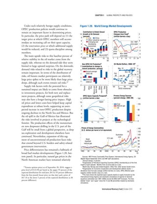 chapter 1                  Global ProsPects and PolIcIes




   Under such relatively benign supply conditions,                 Figure 1.20. World Energy Market Developments
OPEC production policies would continue to
remain an important factor in determining prices.                     Contribution to Global Annual                                       OPEC Production
                                                                   10 Growth of Oil Demand                                                Changes from Peak2                                    2
In particular, the price path will depend on (1) the                  (percent)                                                           (million barrels a day)
                                                                    8        U.S.      China                                                                                                    1
target price at which OPEC members will accom-                               Other industrial countries
                                                                    6                                                                                                                    0
modate an increasing call on their spare capacity,                           Emerging and                                                                                     Oct. 1997
                                                                    4        developing                                                                                       price peak -1
(2) the reservation price at which additional supply                         economies
                                                                                                                                          July
                                                                    2                                                                                                                           -2
would be reduced, and (3) quota discipline among                                Total                                                     2008
                                                                    0                                                                     price                                                 -3
members.                                                           -2                                                                     peak             Nov. 2000                            -4
   The main upside risks to this baseline picture of                                                            World GDP1                                 price peak
                                                                   -4                                                                                                                           -5
                                                                         2008             09                           10     10:         1          5       9    13        17    21 24
relative stability in the oil market come from the                                                                            Q2
supply side, whereas on the demand side they seem
                                                                     Non-OPEC Oil Production3                                                 Oil Market Buffers, 2008–104
limited to large upward surprises. On the downside,                3 (contributions to change in                                                                                        7
                                                                     overall production, percent)                                                    Mar. 10                  Jul. 10   6
demand risks related to risks to the global recovery




                                                                                                                                                                                            OPEC spare capacity
                                                                   2
                                                                          Annual average                                                                            Nov. 09             5
remain important. In terms of the distribution of                  1      2005–08                                                             Feb.
                                                                                                                                                                              Jan. 09 4
risks, oil futures market participants see relatively                                                                                          08         Jan. 08
                                                                                                                                                                                      3
                                                                   0
large price spikes to be more likely than large price                              2010:Q2/                                                                                             2
                                                                   -1              2009:Q1                                                                               5-year
drops, although such events remain tail risks.27                                                                                                            Jul. 08     average         1
                                                                   -2                                                                                                                  0
   Supply risk factors with the potential for a                                                                                       -50                0      50      100         150
                                                                                     Other
                                                                                      FSU
                                                                                              Mexico and
                                                                                               North Sea
                                                                                                               Other
                                                                                                           non-OPEC
                                                                                                                            Total
                                                                                                                       production
                                                                          Russia

                                                                                                                                                         OECD inventories
sustained impact are likely to come from obstacles
to investment projects, for both new and replace-
ment projects, although some geopolitical risks                       OPEC Spare Capacity Prospects5                                      Primary Energy Sources
                                                                   12 (million barrels a day)                                             (percent change, 2003–09)                     160
may also have a longer-lasting price impact. High
                                                                   10                                       Upper
oil prices and lower costs have helped keep capital                                                                                               Coal                                  120
expenditure at robust levels, supporting an unex-                   8                                                                             Natural gas
                                                                                                                                                  Oil
pected increase in non-OPEC production despite                      6                                       Baseline                                                                    80
ongoing declines in the North Sea and Mexico. But                   4
                                                                                                                                                                                        40
the oil spill in the Gulf of Mexico has illustrated                 2
                                                                                                                Lower
the risks involved in projects at the technological
                                                                    0                                                                                                                   0
                                                                           2009          10                11           12                     Demand                    Price
frontier. The production effects of the moratorium
on new deepwater drilling in the U.S. part of the
                                                                        Prices of Energy Commodities                                                                                    140
Gulf will be small from a global perspective, as deep                   (U.S. dollars per barrel of oil equivalent)
                                                                                                                                                                      Oil               120
sea exploration and development elsewhere have
                                                                                                                                                Australian                              100
continued. Nevertheless, expansion of this seg-                                                                                                   coal                                  80
                                                                                                                               U.S. gas
ment of unconventional oil production faces risks                              Asian
                                                                             liquefied                                                                                                  60
that extend beyond U.S. borders and safety-related                          natural gas                                                                                                 40
government intervention.                                                                                                                                                                20
   Price differentiation has remained a hallmark of                1992             94         96               98          2000     02              04        06           08
                                                                                                                                                                                       0
                                                                                                                                                                                    Aug.
broad fuel market developments (Figure 1.20, bot-                                                                                                                                     10
tom panel). In particular, natural gas prices in the                  Sources: IMF Primary Commodity Price System; International Energy Agency, Oil
                                                                   Market Report September 2010; and IMF staff calculations.
North American market have remained relatively                        1Annual change, in percent.
                                                                      2Organization of Petroleum Exporting Countries (OPEC) membership as of the first
                                                                   month of each episode. Months from oil price peak on x-axis.
   27Futures options prices as of September 20, 2010, suggest a       3North Sea: Norway and United Kingdom. Other FSU: other former Soviet Union.
                                                                      4Organization for Economic Cooperation and Development (OECD) stocks —
price level of $123.90 per barrel at the upper 95 percent of the   deviations from five-year average (million barrels) on x-axis, OPEC effective spare
expected distribution for end-June 2011(a 95 percent difference    capacity (million barrels a day) on y-axis.
                                                                      5The chart shows the expected spare capacity based on supply forecasts by the
from the first-month future price on that day) and a price of
                                                                   International Energy Agency and stochastic simulations of regional oil demand
$47.10 at the lower 5 percent of the expected distribution (a 38
                                                                   equations (estimated over 1981–2008) around the WEO GDP forecasts. The lines
percent difference).                                               labeled “lower” and “upper” show the 14 and 86 percentiles implied by stochastic
                                                                   simulations.


                                                                                                                     International Monetary Fund | October 2010                                       49
 