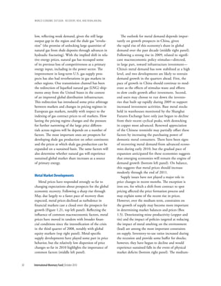 wOrld ecOnOmic OutlOOk: recOvery, risk, and rebalancing




     low, reflecting weak demand, given the still large           The outlook for metal demand depends impor-
     output gap in the region and the shale gas “revolu-       tantly on growth prospects in China, given
     tion” (the promise of unlocking large quantities of       the rapid rise of this economy’s share in global
     natural gas from shale deposits through advances in       demand over the past decade (middle right panel).
     hydraulic fracturing). With the implied shift in rela-    Following a strong rise in 2009, related to signifi-
     tive energy prices, natural gas has recouped some         cant macroeconomic policy stimulus—directed,
     of its previous loss of competitiveness as a primary      in large part, toward infrastructure investment—
     energy input, including in the power sector. The          China’s metal demand has now stabilized at a high
     improvement in long-term U.S. gas supply pros-            level, and two developments are likely to restrain
     pects has also had reverberations in gas markets in       demand growth in the quarters ahead. First, the
     other regions. One transmission channel has been          pace of growth in China should continue to mod-
     the redirection of liquefied natural gas (LNG) ship-      erate as the effects of stimulus wane and efforts
     ments away from the United States in the context          to slow credit growth affect investment. Second,
     of an improved global distribution infrastructure.        end users may choose to run down the invento-
     This redirection has introduced some price arbitrage      ries that built up rapidly during 2009 to support
     between markets and changes in pricing regimes in         increased investment activities. Base metal stocks
     European gas markets, notably with respect to the         held in warehouses monitored by the Shanghai
     indexing of gas contract prices to oil markets. How       Futures Exchange have only just begun to decline
     lasting the pricing regime changes and the pressure       from their recent cyclical peaks, with destocking
     for further narrowing of the large price differen-        in copper most advanced. Renewed appreciation
     tials across regions will be depends on a number of       of the Chinese renminbi may partially offset these
     factors. The most important ones are prospects for        factors by increasing the purchasing power of
     developing shale gas production on other continents       domestic metal consumers. There have been signs
     and the prices at which shale gas production can be       of recovering metal demand from advanced econo-
     expanded on a sustained basis. The same factors will      mies during early 2010, but the gradual pace of
     also determine whether natural gas will experience        expansion anticipated for these economies suggests
     sustained global market share increases as a source       that emerging economies will remain the engine of
     of primary energy.                                        demand growth (bottom left panel). On balance,
                                                               this suggests that metal prices should increase
                                                               modestly through the end of 2011.
     Metal Market developments                                    Supply issues have not played a major role in
        Metal prices have responded strongly so far to         price changes in recent months. The exception is
     changing expectations about prospects for the global      iron ore, for which a shift from contract to spot
     economic recovery. Following a sharp rise through         pricing affected the price formation process and
     May, due largely to a faster pace of recovery than        may explain some of the recent rise in prices.
     expected, metal prices declined as turbulence in          However, over the medium term, constraints on
     financial markets cast a cloud over the prospects for     the growth of supply may become more important
     growth (Figure 1.21, top left panel). Reflecting the      in determining market balances and prices (Box
     influence of common macroeconomic factors, metal          1.5). Deteriorating mine productivity (copper and
     prices have moved in tandem with broader finan-           tin) and the impact of policies targeted at reducing
     cial conditions since the intensification of the crisis   the impact of metal smelting on the environment
     in the third quarter of 2008, notably with global         (lead) are among the most important constraints
     equity markets (top right panel). Metal-specific          on supply. Inventory-to-use ratios increased during
     supply developments have played some part in price        the recession and provide some buffer for shocks;
     behavior, but the relatively low dispersion of price      however, they have begun to decline and would
     changes so far in 2010 highlights the importance of       experience sustained falls in the event of physical
     common factors (middle left panel).                       market deficits (bottom right panel). The medium-


50   International Monetary Fund | October 2010
 