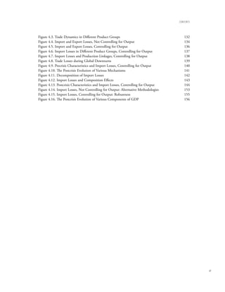 contents




Figure 4.3. Trade Dynamics in Different Product Groups                                 132
Figure 4.4. Import and Export Losses, Not Controlling for Output                       134
Figure 4.5. Import and Export Losses, Controlling for Output                           136
Figure 4.6. Import Losses in Different Product Groups, Controlling for Output          137
Figure 4.7. Import Losses and Production Linkages, Controlling for Output              138
Figure 4.8. Trade Losses during Global Downturns                                       139
Figure 4.9. Precrisis Characteristics and Import Losses, Controlling for Output        140
Figure 4.10. The Postcrisis Evolution of Various Mechanisms                            141
Figure 4.11. Decomposition of Import Losses                                            142
Figure 4.12. Import Losses and Composition Effects                                     143
Figure 4.13. Postcrisis Characteristics and Import Losses, Controlling for Output      144
Figure 4.14. Import Losses, Not Controlling for Output: Alternative Methodologies      153
Figure 4.15. Import Losses, Controlling for Output: Robustness                         155
Figure 4.16. The Postcrisis Evolution of Various Components of GDP                     156




                                                                                               vii
 