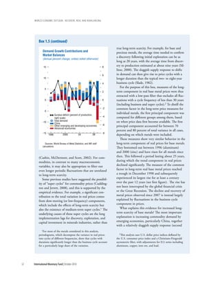 wOrld ecOnOmic OutlOOk: recOvery, risk, and rebalancing




         box 1.5 (continued)
                                                                                true long-term scarcity. For example, for base and
             Demand Growth Contributions and                                    precious metals, the average time needed to confirm
             Market Balances
                                                                                a discovery following initial exploration can be as
             (Annual percent change, unless noted otherwise)
                                                                                long as 20 years, with the average time from discov-
              15                                                           8
                                                                                ery to production estimated at about nine years (Sil-
                                                                                litoe, 2000). The sluggish supply response to shifts
                                                                           6    in demand can then give rise to price cycles with a
              10                                                                longer duration than the typical two- to eight-year
                                                                           4    business cycle (Slade, 1982).
                                                                                   For the purpose of this box, measures of the long-
               5
                                                                           2    term component in real base metal prices were thus
                                                                                extracted with a low-pass filter that excludes all fluc-
               0                                                           0    tuations with a cycle frequency of less than 30 years
                                                                                (including business and super cycles).2 To distill the
                                                                           -2   common factor in the long-term price measures for
              -5
                                                                                individual metals, the first principal component was
                          Surplus-deficit (percent of production,
                                                                           -4   computed for different groups among them, based
                          right scale)
                          Total demand                                          on when price data first become available. The first
             -10
                          China
                                                                           -6
                          Other emerging and developing economies               principal component accounted for between 70
                          Advanced economies
                                                                                percent and 80 percent of total variance in all cases,
             -15                                                           -8
                   1996           2000             04              08           depending on which metals were included.
                                                                                   These measures show very similar behavior in the
                Sources: World Bureau of Metal Statistics; and IMF staff        long-term component of real prices for base metals.
             calculations.
                                                                                They bottomed out between 1996 (aluminum)
                                                                                and 2000 (zinc) and have risen for all metals since
         (Cashin, McDermott, and Scott, 2002). For com-                         then. This followed a period lasting about 25 years,
         modities, in contrast to many macroeconomic                            during which the trend component in real prices
         variables, it may also be appropriate to filter out                    declined significantly. The measure of the common
         even longer periodic fluctuations that are unrelated                   factor in long-term real base metal prices reached
         to long-term scarcity.                                                 a trough in December 1998 and subsequently
            Some previous studies have suggested the possibil-                  experienced its largest rise for at least a century
         ity of “super cycles” for commodity prices (Cudding-                   over the past 12 years (see first figure). The rise has
         ton and Jerrett, 2008), and this is supported by the                   not been interrupted by the global financial crisis
         empirical evidence. For example, a significant con-                    or the Great Recession. The decline and recovery of
         tribution to the total variation in real prices comes                  metal prices observed since 2007 is instead largely
         from slow-moving (or low-frequency) components,                        explained by fluctuations in the business cycle
         which include the effects of long-term scarcity but                    component in prices.
         also the existence of medium-term super cycles.1 The                      What explains this evidence for increased long-
         underlying causes of these super cycles are the long                   term scarcity of base metals? The most important
         implementation lags for discovery, exploration, and                    explanation is increasing commodity demand by
         capital investment in minerals industries, rather than                 emerging economies, particularly China, together
                                                                                with a relatively sluggish supply response (second
            1For most of the metals considered in this analysis,

         periodograms, which decompose the variance in real prices                 2This analysis uses U.S. dollar price indices deflated by

         into cycles of different frequencies, show that cycles with            the U.S. consumer price index and a Christiano-Fitzgerald
         durations significantly longer than the business cycle account         asymmetric filter, with adjustments for I(1) series including
         for a particularly large share of the variation.                       aluminum, copper, iron ore, and lead.




52   International Monetary Fund | October 2010
 