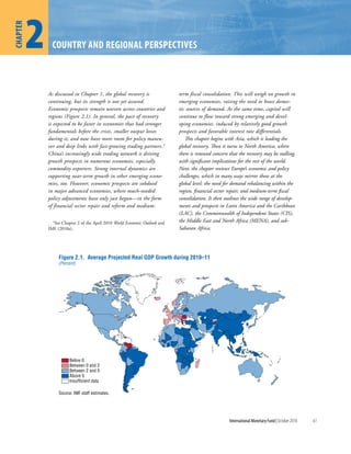2
chapter


                country and regional perspectives



              As discussed in Chapter 1, the global recovery is               term fiscal consolidation. This will weigh on growth in
              continuing, but its strength is not yet assured.                emerging economies, raising the need to boost domes-
              Economic prospects remain uneven across countries and           tic sources of demand. At the same time, capital will
              regions (Figure 2.1). In general, the pace of recovery          continue to flow toward strong emerging and devel-
              is expected to be faster in economies that had stronger         oping economies, induced by relatively good growth
              fundamentals before the crisis, smaller output losses           prospects and favorable interest rate differentials.
              during it, and now have more room for policy maneu-                This chapter begins with Asia, which is leading the
              ver and deep links with fast-growing trading partners.1         global recovery. Then it turns to North America, where
              China’s increasingly wide trading network is driving            there is renewed concern that the recovery may be stalling,
              growth prospects in numerous economies, especially              with significant implications for the rest of the world.
              commodity exporters. Strong internal dynamics are               Next, the chapter reviews Europe’s economic and policy
              supporting near-term growth in other emerging econo-            challenges, which in many ways mirror those at the
              mies, too. However, economic prospects are subdued              global level: the need for demand rebalancing within the
              in major advanced economies, where much-needed                  region, financial sector repair, and medium-term fiscal
              policy adjustments have only just begun—in the form             consolidation. It then outlines the wide range of develop-
              of financial sector repair and reform and medium-               ments and prospects in Latin America and the Caribbean
                                                                              (LAC), the Commonwealth of Independent States (CIS),
                1See Chapter 2 of the April 2010 World Economic Outlook and   the Middle East and North Africa (MENA), and sub-
              IMF (2010a).                                                    Saharan Africa.




                   Figure 2.1. Average Projected Real GDP Growth during 2010–11
                   (Percent)




                         Below 0
                         Between 0 and 2
                         Between 2 and 5
                         Above 5
                         Insufficient data

                   Source: IMF staff estimates.




                                                                                                       International Monetary Fund | October 2010   61
 