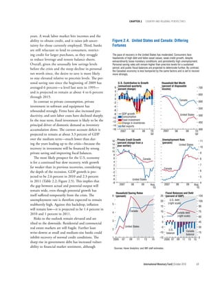 chapter 2      cOuntry and regiOnal PersPectives




years. A weak labor market hits incomes and the
ability to obtain credit, and it raises job uncer-        Figure 2.4. United States and Canada: Differing
tainty for those currently employed. Third, banks         Fortunes
are still reluctant to lend to consumers, restrict-
ing credit for larger purchases, as they struggle         The pace of recovery in the United States has moderated. Consumers face
                                                          headwinds of high debt and fallen asset values; weak credit growth, despite
to reduce leverage and restore balance sheets.            extraordinarily loose monetary conditions; and persistently high unemployment.
Overall, given the unusually low savings levels           Personal saving rates will remain higher than precrisis levels for a sustained
before the crisis and the steep decline in personal       period, and public fiscal balances are projected to deteriorate further. By contrast,
                                                          the Canadian economy is less hampered by the same factors and is set to recover
net worth since, the desire to save is more likely        more strongly.
to stay elevated relative to precrisis levels. The per-
sonal saving rate since the beginning of 2009 has             U.S. Contribution to Growth                    Household Net Worth
                                                              (annualized quarterly                          (percent of disposable
averaged 6 percent—a level last seen in 1995—               6
                                                              percent change)                                income)                                       700
and is projected to remain at about 4 to 6 percent          4
                                                            2                                                                                              650
through 2015.
                                                            0                                                                       Canada
    In contrast to private consumption, private            -2                                                                                              600
investment in software and equipment has                   -4
                                                                                                                                                           550
rebounded strongly. Firms have also increased pro-         -6
                                                           -8    GDP growth                                                         United States
ductivity, and unit labor costs have declined sharply.           Consumption                                                                               500
                                                          -10
In the near term, fixed investment is likely to be the    -12
                                                                 Fixed investment
                                                                 Change in inventories                                                                     450
principal driver of domestic demand as inventory          -14    Net exports
accumulation slows. The current account deficit is        -16
                                                                2007      08        09    10:                     2007        08           09        10:
                                                                                                                                                           400
projected to remain at about 3.3 percent of GDP                                           Q2                                                         Q2
over the medium term—much lower than dur-                                                                     Unemployment Rate
                                                          16 Private Credit Growth                                                                             11
ing the years leading up to the crisis—because the           (percent change from a                           (percent)
                                                          14 year earlier)                                                United States
                                                                                                                                                               10
recovery in investment will be financed by strong         12
                                                          10
private saving and improving fiscal balances.              8
                                                                                                                                                               9
    The most likely prospect for the U.S. economy          6                          Canada                                                                   8
is for a continued but slow recovery, with growth          4
                                                           2                                                                                                   7
far weaker than in previous recoveries, considering        0                                                       Canada
the depth of the recession. GDP growth is pro-                                                                                                                 6
                                                          -2
jected to be 2.6 percent in 2010 and 2.3 percent          -4                                                                                                   5
                                                          -6                United States
in 2011 (Table 2.2; Figure 2.5). This implies that        -8                                                                                                   4
                                                               2007        08       09      Aug.                   2007       08           09     Aug.
the gap between actual and potential output will                                              10                                                    10
remain wide, even though potential growth has
                                                            Household Saving Rates                             Fiscal Balances and Debt
itself suffered temporarily from the crisis. The          6 (percent)                                       25 (percent of GDP)                            120
unemployment rate is therefore expected to remain                                                           20     U.S. debt                               105
                                                                                                                 (right scale)
stubbornly high. Against this backdrop, inflation         5
                                                                                                            15                                             90
will remain low—it is projected to be 1.4 percent in                          Canada
                                                          4                                                 10                 Canada debt                 75
2010 and 1 percent in 2011.
                                                                                                              5                (right scale)               60
    Risks to the outlook remain elevated and are
                                                          3                                                   0                                            45
tilted to the downside. Residential and commercial
                                                                          United States                      -5                                            30
real estate markets are still fragile. Further loan       2                                                           U.S.                 Canada
write-downs at small and medium-size banks could                                                           -10      balance                balance
                                                                                                                                                           15
inhibit recovery of normal credit conditions. The         1                                                -15                                             0
                                                           2005      07       09    11      13     15              2005 07     09     11     13   15
sharp rise in government debt has increased vulner-
ability to financial market sentiment, although               Sources: Haver Analytics; and IMF staff estimates.




                                                                                           International Monetary Fund | October 2010                 69
 