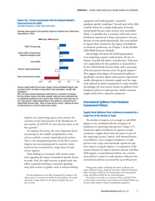 CHAPTER 4  GLOBAL TRADE AND VALUE CHAINS DURING THE PANDEMIC
91
International Monetary Fund | April 2022
imports was 3 percentage points more positive for
countries in the third quartile of the distribution of
the number of COVID-19 cases than for those in the
first quartile.5
For imports of services, the most important factor
accounting for the model’s overprediction is the
extent to which a country imported travel services.
That is, the unexplained portion of the fall in service
imports was most pronounced in countries where
travel services accounted for a large share of total
service imports.
These findings are consistent with various conjec-
tures regarding the impact of pandemic-specific factors
on trade. First, the rapid recovery in goods trade may
reflect a general switching in consumer spending
away from services to goods—such as remote-working
5If such disruptions are not fully incorporated by changes in the
relative prices, in countries hit hardest by the pandemic, the model
will predict a larger decline in the imports of goods than actu-
ally occurred.
equipment and medical goods—created by
pandemic-specific conditions.6 Second, part of the shift
could be driven by a simple reallocation of income
toward goods because some services were unavailable.
Third, it is possible that as countries with more severe
lockdowns experienced a sharp contraction in the pro-
duction of some goods domestically, they were pushed
to import them instead (for the impact of lockdowns
on domestic production, see Chapter 1 of the October
2020 World Economic Outlook).
Interestingly, the better the health-preparedness
of an importing country’s trade partners, the less its
imports of goods fell relative to predictions. Trade part-
ners’ preparedness for the pandemic is measured here
by the Global Health Security Index and is associated
with more positive forecast errors for goods imports.7
This suggests some degree of international spillovers;
specifically, countries whose trade partners experienced
smaller disruptions in domestic supply were less nega-
tively affected by shock transmission in trade networks.
Accordingly, the next section focuses on spillovers from
lockdown policies in trade partners, which constitute
supply shocks from a domestic perspective.
International Spillovers from Pandemic
Containment Policies
Supply Shock Spillovers from Lockdowns Accounted for a
Large Part of the Decline in Trade
The decline in imports at its trough in mid-2020
appears to be correlated with the stringency of
lockdowns in exporting trade partners (Figure 4.7).
Intuitively, tighter lockdowns in exporters would
constitute a supply shock from the point of view of
the importing country. Indeed, with demand factors
controlled for, more stringent lockdowns in trade
partners had a large and statistically significant neg-
ative impact on goods imports. A comparison of the
actual evolution of imports between January and May
2020 against a counterfactual without any contain-
ment policies in place in trade partners indicates that
containment policies accounted for up to 60 percent
6Among many studies confirming this trend, see Bounie and
others (2020) for France; Andersen and others (2020) for Denmark;
Baker and others (2020) for the United States; and Chronopoulos,
Lukas, and Wilson (2020) for the United Kingdom.
7For details on the index, see Cameron, Nuzzo, and Bell (2019),
as well as other material that can be found on the Global Health and
Security Index website at https://​www​.ghsindex​.org/​about/​.
Goods Services
Figure 4.6. Factors Associated with the Demand Model’s
Forecast Errors for 2020
(Standard deviation, unless noted otherwise)
Domestic factors speciﬁc to the pandemic played an important role in determining
trade patterns in 2020.
–0.4 –0.2 0.0 0.2 0.4
Share of travel service imports
Partners’ health preparedness
Less mobility
Oxford COVID-19 Government
Response Stringency Index
COVID-19 cases (log)
Sources: Global Health Security Index; Google, Community Mobility Reports; Hale
and others (2021); Our World in Data; World Trade Organization; and IMF staff
calculations.
Note: The ﬁgure reports standardized coefﬁcients for a regression of residuals
from the demand model on the listed variables. Solid bars show coefﬁcients that
are statistically signiﬁcant at the 5 percent level; hollow bars show those that are
not. Trade partners’ health preparedness for the pandemic is measured by the
Global Health Security Index. “Share of travel service imports” captures the share
of travel services in a country’s total service imports.
 