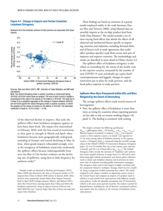 WORLD ECONOMIC OUTLOOK: War Sets Back the Global Recovery
92 International Monetary Fund | April 2022
of the observed decline in imports. That said, the
spillover effect from lockdown stringency appears to
have been short-lived. The impact first materialized
in February 2020, with the first round of restrictions
in Asia; grew in strength in March and April, when
lockdowns became more geographically widespread,
including in Europe; and started declining in May. In
June, when goods imports rebounded strongly, even
as the stringency of lockdowns eased only moderately,
the spillover effects became indistinguishable from
zero (see Box 4.2 for further evidence on the declin-
ing rate of spillovers, using data at daily frequency for
seaborne trade).8
8Similar results are obtained by Berthou and Stumpner (2022).
Heise (2020) also documents the close to 50 percent decline in US
imports from China in March 2020 relative to January 2020, when
factories were temporarily closed, before those imports bounced
back in April 2020. Lafrogne-Joussier, Martin, and Mejean (2021)
show that French firms sourcing inputs from China just before the
lockdown experienced a drop in imports between February and
April 2020 that was 7 percent larger than that of firms sourcing their
inputs from elsewhere.
These findings are based on estimates of a gravity
model employed widely in the trade literature (San-
tos Silva and Tenreyro 2006), using bilateral data on
monthly imports at the six-digit product level from
Trade Data Monitor.9 The model includes a set of
time-varying fixed effects that absorb the effects of all
observed and unobserved factors specific to import-
ing countries and industries, including demand shifts,
and of factors such as trade agreements that could
affect (product-specific) trade flows across each pair of
importer and exporter countries. The methodology and
results are described in more detail in Online Annex 4.2.
The spillover effect of lockdown stringency is also
robust to controlling for the extent of the health crisis
in the exporter country, measured by the number of
new COVID-19 cases and deaths per capita (both
contemporaneous and lagged), changes in export
restrictions put in place by trade partners, and the
fiscal policy response in trade partners.
Spillovers Were More Pronounced within GVCs and Were
Mitigated by the Extent of Teleworking
The average spillover effects mask several sources of
heterogeneity.
•
• First, the spillover effect of lockdowns is more than
twice as strong for countries whose exporting partners
are less able to rely on remote working (Figure 4.8,
panel 1). The finding is consistent with existing
9The chapter estimates the following specification:
Mm,e,i,t = g(βStringency Indexe,t + δ Controlsm,e,t + αm,e,i + γm,i,t + εm,e,s,t).
Bilateral imports of products in industry i (​
​
M​
 
m,e,i,t​
​
​
) by importer
country m from exporter country e in month t are regressed on
(1) the time-varying index of lockdown intensity in the exporter
country e (​
​
Stringency Index​
 e,t​
​
​
), measured using the monthly average
values of the Oxford COVID-19 Government Response Stringency
Index; (2) a set of variables that vary across country pairs and time
(​
Controls​
); and (3) a set of fixed effects (​
​
α​
 
m,e,i​
​
, ​
γ​
 m,i,t​
​
​
). The Oxford
Stringency Index records the strictness of “lockdown style” policies
that restrict people’s behavior. It ranges from 0 to 100 and is calcu-
lated using eight ordinal containment and closure policy indicators
(such as school and workplace closures) and restrictions on move-
ment, plus an indicator recording public information campaigns.
The stringency index used in this chapter is highly correlated with
the component related to workplace closings, which has less variabil-
ity, being a categorical variable (assuming four values). The model
employed in the chapter considers an importing country (such as
the United States) and compares its imports of a product (such as
vehicles) in each month from trade partners with different contain-
ment policies. Under the plausible assumption that US demand for
vehicles is the same across partner countries, the analysis controls for
demand factors, including the role of domestic containment policies,
and exploits only the variation in the intensity of lockdowns across
trade partners.
Linear ﬁt
Figure 4.7. Change in Imports and Partner Countries’
Lockdown Stringency
Spillovers from the lockdown policies of trade partners are associated with lower
imports.
–1.0
–0.6
–0.2
0.2
–0.8
–0.4
0.0
0.4
0.6
Percent
change
in
imports,
2020:Q2
versus
2019:Q4
60 65 70 75 80 85 90
Oxford COVID-19 Government Response Stringency Index in
partner countries, 2020:Q2
Sources: Hale and others (2021); IMF, Direction of Trade Statistics; and IMF staff
calculations.
Note: The Oxford Stringency Index in partner countries is constructed taking
2018:Q3–2019:Q4 import ﬂows as weights. The size of each country’s bubble is
proportional to the value of its imports (in US dollars) in 2019:Q4. The solid line is
a linear ﬁt of a weighted regression of the change in imports between 2020:Q2
and 2019:Q4 against the Oxford Stringency Index in partner countries, in which
the weights are the values of imports (in US dollars) in 2019:Q4. The estimated
coefﬁcient is equal to –0.015 (t-stat = –2.44).
 