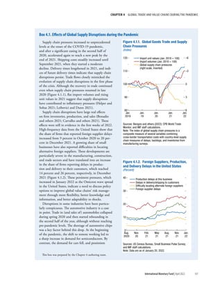 CHAPTER 4  GLOBAL TRADE AND VALUE CHAINS DURING THE PANDEMIC
101
International Monetary Fund | April 2022
Supply chain pressures increased to unprecedented
levels at the onset of the COVID-19 pandemic,
and after a significant easing in the second half of
2020, accelerated again to reach a new peak by the
end of 2021. Shipping costs steadily increased until
September 2021, when they started a moderate
decline. Delivery times lengthened in 2021, and indi-
ces of future delivery times indicate that supply chain
disruptions persist. Trade flows closely mimicked the
evolution of supply chain disruptions in the first phase
of the crisis. Although the recovery in trade continued
even when supply chain pressures resumed in late
2020 (Figure 4.1.1), flat import volumes and rising
unit values in 2021 suggest that supply disruptions
have contributed to inflationary pressures (Helper and
Soltas 2021; Leibovici and Dunn 2021).
Supply chain disruptions have large real effects
on firm inventories, production, and sales (Bonadio
and others 2021; Carvalho and others 2021). These
effects were still in evidence in the first weeks of 2022.
High-frequency data from the United States show that
the share of firms that reported foreign supplier delays
increased from 9 percent in October 2020 to 20 per-
cent in December 2021. A growing share of small
businesses have also reported difficulties in locating
alternative foreign suppliers. These developments are
particularly severe in the manufacturing, construction,
and trade sectors and have translated into an increase
in the share of firms reporting delays in produc-
tion and delivery to their customers, which reached
14 percent and 26 percent, respectively, in December
2021 (Figure 4.1.2). These persistent pressures, which
increased in January 2022 as the Omicron wave spread
in the United States, indicate a need to discuss policy
options to improve global value chains’ risk manage-
ment through more flexibility, better knowledge and
information, and better adaptability to shocks.
Disruptions in some industries have been particu-
larly conspicuous. The automotive industry is a case
in point. Trade in (and sales of) automobiles collapsed
during spring 2020 and then started rebounding in
the second half of the year, although without reaching
pre-pandemic levels. The shortage of automotive chips
was a key factor behind this drop. At the beginning
of the pandemic, the shift to remote working led to
a sharp increase in demand for semiconductors. By
contrast, the demand for cars fell, and pessimism
This box was prepared by the Chapter 4 authoring team.
Import unit values (Jan. 2018 = 100)
Import volumes (Jan. 2018 = 100)
Global supply chain pressures
(right scale, inverted)
Figure 4.1.1. Global Goods Trade and Supply
Chain Pressures
(Index)
80
90
100
110
120 –6
–3
0
3
6
Jan.
2018
Jan.
19
Jan.
20
Jan.
21
Jan.
22
Sources: Benigno and others (2022); CPB World Trade
Monitor; and IMF staff calculations.
Note: The index of global supply chain pressures is a
composite measure of several variables combining
cross-border transportation costs with country-level supply
chain measures of delays, backlogs, and inventories from
manufacturing surveys.
Production delays at this business
Delays in delivery/shipping to customers
Difﬁculty locating alternate foreign suppliers
Foreign supplier delays
Figure 4.1.2. Foreign Suppliers, Production,
and Delivery Delays in the United States
(Percent)
0
10
20
30
40
Aug.
2020
Nov.
20
Feb.
21
May
21
Aug.
21
Nov.
21
Jan.
22
Sources: US Census Bureau, Small Business Pulse Survey;
and IMF staff calculations.
Note: Data are as of January 20, 2022.
Box 4.1. Effects of Global Supply Disruptions during the Pandemic
 