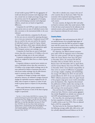 STATISTICAL APPENDIX
	 International Monetary Fund|April 2022	111
of total world or group GDP.4 For the aggregation of
world and advanced economies (and subgroups) infla-
tion, annual rates are simple percentage changes from
the previous years; for the aggregation of emerging
market and developing economies (and subgroups)
inflation, annual rates are based on logarithmic
differences.
Composites for real GDP per capita in purchasing-
power-parity terms are sums of individual country data
after conversion to the international dollar in the years
indicated.
Unless noted otherwise, composites for all sectors
for the euro area are corrected for reporting discrepan-
cies in intra-area transactions. Unadjusted annual GDP
data are used for the euro area and for the majority
of individual countries, except for Cyprus, Ireland,
Portugal, and Spain, which report calendar-adjusted
data. For data prior to 1999, data aggregations apply
1995 European currency unit exchange rates.
Composites for fiscal data are sums of individual
country data after conversion to US dollars at the aver-
age market exchange rates in the years indicated.
Composite unemployment rates and employment
growth are weighted by labor force as a share of group
labor force.
Composites relating to external sector statistics are
sums of individual country data after conversion to
US dollars at the average market exchange rates in the
years indicated for balance of payments data and at
end-of-year market exchange rates for debt denomi-
nated in currencies other than US dollars.
Composites of changes in foreign trade volumes
and prices, however, are arithmetic averages of percent
changes for individual countries weighted by the US
dollar value of exports or imports as a share of total
world or group exports or imports (in the preceding
year).
Unless noted otherwise, group composites are
computed if 90 percent or more of the share of group
weights is represented.
4 See Box 1.1 of the October 2020 WEO for a summary of the
revised purchasing-power-parity-based weights as well as “Revised
Purchasing Power Parity Weights” in the July 2014 WEO Update,
Appendix 1.1 of the April 2008 WEO, Box A2 of the April 2004
WEO, Box A1 of the May 2000 WEO, and Annex IV of the
May 1993 WEO. See also Anne-Marie Gulde and Marianne
Schulze-Ghattas, “Purchasing Power Parity Based Weights for the
World Economic Outlook,” in Staff Studies for the World Eco-
nomic Outlook (Washington, DC: International Monetary Fund,
December 1993), 106–23.
Data refer to calendar years, except in the case of
a few countries that use fiscal years; Table F lists the
economies with exceptional reporting periods for
national accounts and government finance data for
each country.
For some countries, the figures for 2021 and earlier
are based on estimates rather than actual outturns; Table
G lists the latest actual outturns for the indicators in the
national accounts, prices, government finance, and bal-
ance of payments indicators for each country.
Country Notes
For Afghanistan, data and projections for 2021–27
are omitted because of an unusually high degree of
uncertainty given that the IMF has paused its engage-
ment with the country due to a lack of clarity within
the international community regarding the recognition
of a government in Afghanistan.
For Argentina, the official national consumer
price index (CPI) for Argentina starts in December
2016. For earlier periods, CPI data for Argentina
reflect the Greater Buenos Aires Area CPI (prior
to December 2013), the national CPI (IPCNu,
December 2013 to October 2015), the City of
Buenos Aires CPI (November 2015 to April 2016),
and the Greater Buenos Aires Area CPI (May 2016
to December 2016). Given limited comparability of
these series on account of differences in geographi-
cal coverage, weights, sampling, and methodology,
the average CPI inflation for 2014–16 and end-of-
period inflation for 2015–16 are not reported in the
WEO. Inflation projections reflect the upper bound
of the program range given recent world commodity
price developments. Also, Argentina discontinued
the publication of labor market data starting in the
fourth quarter of 2015, and new series became avail-
able starting in the second quarter of 2016.
Data and forecasts for Bangladesh are presented on
a fiscal year basis. However, country group aggregates
that include Bangladesh use calendar year estimates of
real GDP and purchasing-power-parity GDP.
For Costa Rica, the central government definition
has been expanded as of January 1, 2021, to include
51 public entities as per Law 9524. Data are adjusted
back to 2019 for comparability.
The f﻿iscal series for the Dominican Republic have
the following coverage: public debt, debt service, and
the cyclically adjusted/structural balances are for the
 