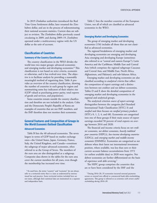 STATISTICAL APPENDIX
	 International Monetary Fund|April 2022	113
In 2019 Zimbabwe authorities introduced the Real
Time Gross Settlement dollar, later renamed the Zim-
babwe dollar, and are in the process of redenominating
their national accounts statistics. Current data are sub-
ject to revision. The Zimbabwe dollar previously ceased
circulating in 2009, and during 2009–19, Zimbabwe
operated under a multicurrency regime with the US
dollar as the unit of account.
Classification of Countries
Summary of the Country Classification
The country classification in the WEO divides the
world into two major groups: advanced economies
and emerging market and developing economies.6 This
classification is not based on strict criteria, economic
or otherwise, and it has evolved over time. The objec-
tive is to facilitate analysis by providing a reasonably
meaningful method of organizing data. Table A pro-
vides an overview of the country classification, showing
the number of countries in each group by region and
summarizing some key indicators of their relative size
(GDP valued at purchasing power parity, total exports
of goods and services, and population).
Some countries remain outside the country classifica-
tion and therefore are not included in the analysis. Cuba
and the Democratic People’s Republic of Korea are
examples of countries that are not IMF members, and
the IMF therefore does not monitor their economies.
General Features and Composition of Groups in
the World Economic Outlook Classification
Advanced Economies
Table B lists the 40 advanced economies. The seven
largest in terms of GDP based on market exchange
rates—the United States, Japan, Germany, France,
Italy, the United Kingdom, and Canada—constitute
the subgroup of major advanced economies, often
referred to as the Group of Seven. The members of
the euro area are also distinguished as a subgroup.
Composite data shown in the tables for the euro area
cover the current members for all years, even though
the membership has increased over time.
6 As used here, the terms “country” and “economy” do not always
refer to a territorial entity that is a state as understood by interna-
tional law and practice. Some territorial entities included here are
not states, although their statistical data are maintained on a separate
and independent basis.
Table C lists the member countries of the European
Union, not all of which are classified as advanced
economies in the WEO.
Emerging Market and Developing Economies
The group of emerging market and developing
economies (156) includes all those that are not classi-
fied as advanced economies.
The regional breakdowns of emerging market and
developing economies are emerging and developing
Asia; emerging and developing Europe (sometimes
also referred to as “central and eastern Europe”); Latin
America and the Caribbean; Middle East and Central
Asia (which comprises the regional subgroups Caucasus
and Central Asia; and Middle East, North Africa,
Afghanistan, and Pakistan); and sub-Saharan Africa.
Emerging market and developing economies are also
classified according to analytical criteria that reflect
the composition of export earnings and a distinc-
tion between net creditor and net debtor economies.
Tables D and E show the detailed composition of
emerging market and developing economies in the
regional and analytical groups.
The analytical criterion source of export earnings
distinguishes between the categories fuel (Standard
International Trade Classification [SITC] 3) and
nonfuel and then focuses on nonfuel primary products
(SITCs 0, 1, 2, 4, and 68). Economies are categorized
into one of these groups if their main source of export
earnings exceeded 50 percent of total exports on aver-
age between 2016 and 2020.
The financial and income criteria focus on net credi-
tor economies, net debtor economies, heavily indebted
poor countries (HIPCs), low-income developing countries
(LIDCs), and emerging market and middle-income
economies (EMMIEs). Economies are categorized as net
debtors when their latest net international investment
position, where available, was less than zero or their
current account balance accumulations from 1972
(or earliest available data) to 2020 were negative. Net
debtor economies are further differentiated on the basis
of experience with debt servicing.7
The HIPC group comprises the countries that
are or have been considered by the IMF and the
7 During 2016–20, 35 economies incurred external payments
arrears or entered into official or commercial bank debt-rescheduling
agreements. This group is referred to as economies with arrears and/or
rescheduling during 2016–20.
 