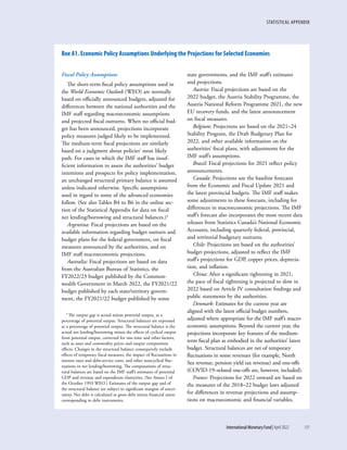 STATISTICAL APPENDIX
	 International Monetary Fund|April 2022	131
Fiscal Policy Assumptions
The short-term fiscal policy assumptions used in
the World Economic Outlook (WEO) are normally
based on officially announced budgets, adjusted for
differences between the national authorities and the
IMF staff regarding macroeconomic assumptions
and projected fiscal outturns. When no official bud-
get has been announced, projections incorporate
policy measures judged likely to be implemented.
The medium-term fiscal projections are similarly
based on a judgment about policies’ most likely
path. For cases in which the IMF staff has insuf-
ficient information to assess the authorities’ budget
intentions and prospects for policy implementation,
an unchanged structural primary balance is assumed
unless indicated otherwise. Specific assumptions
used in regard to some of the advanced economies
follow. (See also Tables B4 to B6 in the online sec-
tion of the Statistical Appendix for data on fiscal
net lending/borrowing and structural balances.)1
Argentina: Fiscal projections are based on the
available information regarding budget outturn and
budget plans for the federal government, on fiscal
measures announced by the authorities, and on
IMF staff macroeconomic projections.
Australia: Fiscal projections are based on data
from the Australian Bureau of Statistics, the
FY2022/23 budget published by the Common-
wealth Government in March 2022, the FY2021/22
budget published by each state/territory govern-
ment, the FY2021/22 budget published by some
1 The output gap is actual minus potential output, as a
percentage of potential output. Structural balances are expressed
as a percentage of potential output. The structural balance is the
actual net lending/borrowing minus the effects of cyclical output
from potential output, corrected for one-time and other factors,
such as asset and commodity prices and output composition
effects. Changes in the structural balance consequently include
effects of temporary fiscal measures, the impact of fluctuations in
interest rates and debt-service costs, and other noncyclical fluc-
tuations in net lending/borrowing. The computations of struc-
tural balances are based on the IMF staff’s estimates of potential
GDP and revenue and expenditure elasticities. (See Annex I of
the October 1993 WEO.) Estimates of the output gap and of
the structural balance are subject to significant margins of uncer-
tainty. Net debt is calculated as gross debt minus financial assets
corresponding to debt instruments.
state governments, and the IMF staff’s estimates
and projections.
Austria: Fiscal projections are based on the
2022 budget, the Austria Stability Programme, the
Austria National Reform Programme 2021, the new
EU recovery funds, and the latest announcement
on fiscal measures.
Belgium: Projections are based on the 2021–24
Stability Program, the Draft Budgetary Plan for
2022, and other available information on the
authorities’ fiscal plans, with adjustments for the
IMF staff’s assumptions.
Brazil: Fiscal projections for 2021 reflect policy
announcements.
Canada: Projections use the baseline forecasts
from the Economic and Fiscal Update 2021 and
the latest provincial budgets. The IMF staff makes
some adjustments to these forecasts, including for
differences in macroeconomic projections. The IMF
staff’s forecast also incorporates the most recent data
releases from Statistics Canada’s National Economic
Accounts, including quarterly federal, provincial,
and territorial budgetary outturns.
Chile: Projections are based on the authorities’
budget projections, adjusted to reflect the IMF
staff’s projections for GDP, copper prices, deprecia-
tion, and inflation.
China: After a significant tightening in 2021,
the pace of fiscal tightening is projected to slow in
2022 based on Article IV consultation findings and
public statements by the authorities.
Denmark: Estimates for the current year are
aligned with the latest official budget numbers,
adjusted where appropriate for the IMF staff’s macro-
economic assumptions. Beyond the current year, the
projections incorporate key features of the medium-
term fiscal plan as embodied in the authorities’ latest
budget. Structural balances are net of temporary
fluctuations in some revenues (for example, North
Sea revenue, pension yield tax revenue) and one-offs
(COVID-19–related one-offs are, however, included).
France: Projections for 2022 onward are based on
the measures of the 2018–22 budget laws adjusted
for differences in revenue projections and assump-
tions on macroeconomic and financial variables.
Box A1. Economic Policy Assumptions Underlying the Projections for Selected Economies
 