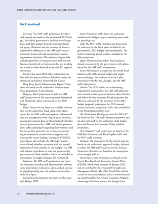 WORLD ECONOMIC OUTLOOK: WAR SETS BACK THE GLOBAL RECOVERY
132	 International Monetary Fund|April 2022
Germany: The IMF staff’s projections for 2022
and beyond are based on the provisional 2022 bud-
get, the federal government’s medium-term budget
plan, and data updates from the national statisti-
cal agency (Destatis) and the ministry of finance,
adjusted for differences in the IMF staff’s macro-
economic framework and assumptions concern-
ing revenue elasticities. The estimate of gross debt
includes portfolios of impaired assets and noncore
business transferred to institutions that are winding
up as well as other financial sector and EU support
operations.
Greece: Data since 2010 reflect adjustments in
line with the primary balance definition under the
enhanced surveillance framework for Greece.
Hong Kong Special Administrative Region: Projec-
tions are based on the authorities’ medium-term
fiscal projections of expenditures.
Hungary: Fiscal projections include the IMF
staff’s projections of the macroeconomic framework
and fiscal policy plans announced in the 2020
budget.
India: Projections are based on available informa-
tion on the authorities’ fiscal plans, with adjust-
ments for the IMF staff’s assumptions. Subnational
data are incorporated with a lag of up to one year;
general government data are thus finalized well after
central government data. IMF and Indian presenta-
tions differ, particularly regarding disinvestment and
license-auction proceeds, net versus gross record-
ing of revenues in certain minor categories, and
some public sector lending. Starting in FY2020/21
expenditure also includes the off-budget compo-
nent of food subsidies consistent with the revised
treatment of food subsidies in the budget. The IMF
staff adjusts expenditure to take out payments for
previous years’ food subsidies, which are included as
expenditure in budget estimates for FY2020/21.
Indonesia: The IMF staff’s projections are based
on moderate tax policy and administration reforms,
some expenditure realization, and a gradual increase
in capital spending over the medium term in line
with fiscal space.
Ireland: Fiscal projections are based on the coun-
try’s Budget 2022.
Israel: Projections differ from the authorities’
medium-term budget targets, assuming more mod-
est spending cuts.
Italy: The IMF staff’s estimates and projections
are informed by the fiscal plans included in the
government’s 2021 budget and amendments. The
stock of maturing postal bonds is included in the
debt projections.
Japan: The projections reflect fiscal measures
already announced by the government, with adjust-
ments for the IMF staff’s assumptions.
Korea: The forecast incorporates the overall fiscal
balance in the 2022 annual budget and supple-
mentary budget, the medium-term fiscal plan
announced with the 2022 budget, and the IMF
staff’s adjustments.
Mexico: The 2020 public sector borrowing
requirements estimated by the IMF staff adjust for
some statistical discrepancies between above-the-line
and below-the-line numbers. Fiscal projections for
2022 are informed by the estimates in the 2022
budget proposal; projections for 2023 onward
assume continued compliance with rules established
in the Fiscal Responsibility Law.
The Netherlands: Fiscal projections for 2021–27
are based on the IMF staff’s forecast framework and
are also informed by the authorities’ draft budget
plan and Bureau for Economic Policy Analysis
projections.
New Zealand: Fiscal projections are based on the
Half Year Economic and Fiscal Update 2021 and
the IMF staff’s estimates.
Portugal: The projections for the current year are
based on the authorities’ approved budget, adjusted
to reflect the IMF staff’s macroeconomic forecast.
Projections thereafter are based on the assumption
of unchanged policies.
Puerto Rico: Fiscal projections are based on the
Puerto Rico Fiscal and Economic Growth Plans
(FEGPs), which were prepared in January 2022
and are certified by the Financial Oversight and
Management Board. The 2022 Fiscal Plan calls for
a series of structural reforms, such as earned income
tax credit benefits; the Natural Assistance Program;
a lowering of barriers to entry for foreign firms;
Box A1 (continued)
 