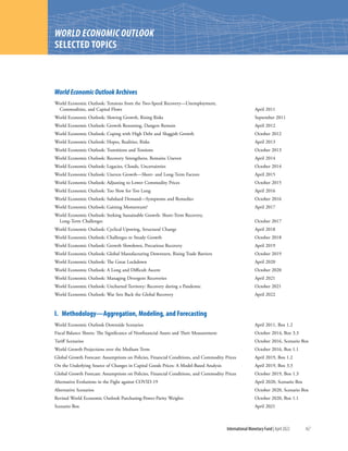 International Monetary Fund | April 2022 167
World Economic Outlook Archives
World Economic Outlook: Tensions from the Two-Speed Recovery—Unemployment,
Commodities, and Capital Flows	 April 2011
World Economic Outlook: Slowing Growth, Rising Risks	 September 2011
World Economic Outlook: Growth Resuming, Dangers Remain	 April 2012
World Economic Outlook: Coping with High Debt and Sluggish Growth	 October 2012
World Economic Outlook: Hopes, Realities, Risks	 April 2013
World Economic Outlook: Transitions and Tensions	 October 2013
World Economic Outlook: Recovery Strengthens, Remains Uneven	 April 2014
World Economic Outlook: Legacies, Clouds, Uncertainties	 October 2014
World Economic Outlook: Uneven Growth—Short- and Long-Term Factors	 April 2015
World Economic Outlook: Adjusting to Lower Commodity Prices	 October 2015
World Economic Outlook: Too Slow for Too Long	 April 2016
World Economic Outlook: Subdued Demand—Symptoms and Remedies	 October 2016
World Economic Outlook: Gaining Momentum?	 April 2017
World Economic Outlook: Seeking Sustainable Growth: Short-Term Recovery,
Long-Term Challenges	 October 2017
World Economic Outlook: Cyclical Upswing, Structural Change	 April 2018
World Economic Outlook: Challenges to Steady Growth	 October 2018	
World Economic Outlook: Growth Slowdown, Precarious Recovery	 April 2019
World Economic Outlook: Global Manufacturing Downturn, Rising Trade Barriers	 October 2019
World Economic Outlook: The Great Lockdown	 April 2020
World Economic Outlook: A Long and Difficult Ascent	 October 2020
World Economic Outlook: Managing Divergent Recoveries	 April 2021
World Economic Outlook: Uncharted Territory: Recovery during a Pandemic	 October 2021
World Economic Outlook: War Sets Back the Global Recovery	 April 2022
I.  Methodology—Aggregation, Modeling, and Forecasting
World Economic Outlook Downside Scenarios	 April 2011, Box 1.2
Fiscal Balance Sheets: The Significance of Nonfinancial Assets and Their Measurement	 October 2014, Box 3.3
Tariff Scenarios	 October 2016, Scenario Box
World Growth Projections over the Medium Term	 October 2016, Box 1.1
Global Growth Forecast: Assumptions on Policies, Financial Conditions, and Commodity Prices	 April 2019, Box 1.2
On the Underlying Source of Changes in Capital Goods Prices: A Model-Based Analysis	 April 2019, Box 3.3
Global Growth Forecast: Assumptions on Policies, Financial Conditions, and Commodity Prices	 October 2019, Box 1.3
Alternative Evolutions in the Fight against COVID-19	 April 2020, Scenario Box
Alternative Scenarios	 October 2020, Scenario Box
Revised World Economic Outlook Purchasing-Power-Parity Weights	 October 2020, Box 1.1
Scenario Box	 April 2021
WORLD ECONOMIC OUTLOOK
SELECTED TOPICS
 