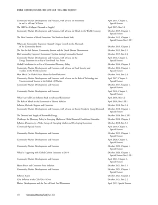 170 International Monetary Fund | April 2022
WORLD ECONOMIC OUTLOOK: War Sets Back the Global Recovery
Commodity Market Developments and Forecasts, with a Focus on Investment	 April 2015, Chapter 1,
in an Era of Low Oil Prices		 Special Feature
The Oil Price Collapse: Demand or Supply?	 April 2015, Box 1.1
Commodity Market Developments and Forecasts, with a Focus on Metals in the World Economy	 October 2015, Chapter 1,
		 Special Feature
The New Frontiers of Metal Extraction: The North-to-South Shift	 October 2015, Chapter 1,
		 Special Feature Box 1.SF.1
Where Are Commodity Exporters Headed? Output Growth in the Aftermath
of the Commodity Boom	 October 2015, Chapter 2
The Not-So-Sick Patient: Commodity Booms and the Dutch Disease Phenomenon	 October 2015, Box 2.1
Do Commodity Exporters’ Economies Overheat during Commodity Booms?	 October 2015, Box 2.4
Commodity Market Developments and Forecasts, with a Focus on the	 April 2016, Chapter 1,
Energy Transition in an Era of Low Fossil Fuel Prices		 Special Feature
Global Disinflation in an Era of Constrained Monetary Policy	 October 2016, Chapter 3
Commodity Market Developments and Forecasts, with a Focus on Food Security and	 October 2016, Chapter 1,
Markets in the World Economy		 Special Feature
How Much Do Global Prices Matter for Food Inflation?	 October 2016, Box 3.3
Commodity Market Developments and Forecasts, with a Focus on the Role of Technology and	 April 2017, Chapter 1,
Unconventional Sources in the Global Oil Market 		 Special Feature
Commodity Market Developments and Forecasts	 October 2017, Chapter 1,
		 Special Feature
Commodity Market Developments and Forecasts	 April 2018, Chapter 1,
		 Special Feature
What Has Held Core Inflation Back in Advanced Economies?	 April 2018, Box 1.2
The Role of Metals in the Economics of Electric Vehicles	 April 2018, Box 1.SF.1
Inflation Outlook: Regions and Countries	 October 2018, Box 1.4
Commodity Market Developments and Forecasts, with a Focus on Recent Trends in Energy Demand	 October 2018, Chapter 1,
		 Special Feature
The Demand and Supply of Renewable Energy	 October 2018, Box 1.SF.1
Challenges for Monetary Policy in Emerging Markets as Global Financial Conditions Normalize	 October 2018, Chapter 3
Inflation Dynamics in a Wider Group of Emerging Market and Developing Economies	 October 2018, Box 3.1
Commodity Special Feature	 April 2019, Chapter 1,
		 Special Feature
Commodity Market Developments and Forecasts	 October 2019, Chapter 1,
		 Special Feature
Commodity Market Developments and Forecasts	 April 2020, Chapter 1,
		 Special Feature
Commodity Market Developments and Forecasts	 October 2020, Chapter 1,
		 Special Feature
What Is Happening with Global Carbon Emissions in 2019?	 October 2020, Chapter 1,
		 Special Feature Box 1.SF.1
Commodity Market Developments and Forecasts	 April 2021, Chapter 1,
		 Special Feature
House Prices and Consumer Price Inflation	 October 2021, Box 1.1
Commodity Market Developments and Forecasts	 October 2021, Chapter 1,
		 Special Feature
Inflation Scares	 October 2021, Chapter 2
Core Inflation in the COVID-19 Crisis 	 October 2021, Box 2.2
Market Developments and the Pace of Fossil Fuel Divestment	 April 2022, Special Feature
 