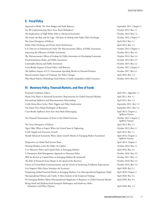 SELECTED TOPICS
171
International Monetary Fund | April 2022
V.  Fiscal Policy
Separated at Birth? The Twin Budget and Trade Balances	 September 2011, Chapter 4
Are We Underestimating Short-Term Fiscal Multipliers?	 October 2012, Box 1.1
The Implications of High Public Debt in Advanced Economies	 October 2012, Box 1.2
The Good, the Bad, and the Ugly: 100 Years of Dealing with Public Debt Overhangs	 October 2012, Chapter 3
The Great Divergence of Policies	 April 2013, Box 1.1
Public Debt Overhang and Private Sector Performance	 April 2013, Box 1.2
Is It Time for an Infrastructure Push? The Macroeconomic Effects of Public Investment	 October 2014, Chapter 3
Improving the Efficiency of Public Investment	 October 2014, Box 3.2
The Macroeconomic Effects of Scaling Up Public Investment in Developing Economies	 October 2014, Box 3.4
Fiscal Institutions, Rules, and Public Investment	 October 2014, Box 3.5
Commodity Booms and Public Investment	 October 2015, Box 2.2
Cross-Border Impacts of Fiscal Policy: Still Relevant	 October 2017, Chapter 4
The Spillover Impact of U.S. Government Spending Shocks on External Positions	 October 2017, Box 4.1
Macroeconomic Impact of Corporate Tax Policy Changes	 April 2018, Box 1.5
Place-Based Policies: Rethinking Fiscal Policies to Tackle Inequalities within Countries	 October 2019, Box 2.4
VI.  Monetary Policy, Financial Markets, and Flow of Funds
Financial Conditions Indices	 April 2011, Appendix 1.1
House Price Busts in Advanced Economies: Repercussions for Global Financial Markets	 April 2011, Box 1.1
International Spillovers and Macroeconomic Policymaking	 April 2011, Box 1.3
Credit Boom-Bust Cycles: Their Triggers and Policy Implications	 September 2011, Box 1.2
Are Equity Price Drops Harbingers of Recession?	 September 2011, Box 1.3
Cross-Border Spillovers from Euro Area Bank Deleveraging	 April 2012, Chapter 2,
		 Spillover Feature
The Financial Transmission of Stress in the Global Economy	 October 2012, Chapter 2,
		 Spillover Feature
The Great Divergence of Policies	 April 2013, Box 1.1
Taper Talks: What to Expect When the United States Is Tightening	 October 2013, Box 1.1
Credit Supply and Economic Growth	 April 2014, Box 1.1
Should Advanced Economies Worry about Growth Shocks in Emerging Market Economies?	 April 2014, Chapter 2,
		 Spillover Feature
Perspectives on Global Real Interest Rates	 April 2014, Chapter 3
Housing Markets across the Globe: An Update	 October 2014, Box 1.1
U.S. Monetary Policy and Capital Flows to Emerging Markets	 April 2016, Box 2.2
A Transparent Risk-Management Approach to Monetary Policy	 October 2016, Box 3.5
Will the Revival in Capital Flows to Emerging Markets Be Sustained?	 October 2017, Box 1.2
The Role of Financial Sector Repair in the Speed of the Recovery	 October 2018, Box 2.3
Clarity of Central Bank Communications and the Extent of Anchoring of Inflation Expectations	 October 2018, Box 3.2
Can Negative Policy Rates Stimulate the Economy?	 April 2020, Box 2.1
Dampening Global Financial Shocks in Emerging Markets: Can Macroprudential Regulation Help?	 April 2020, Chapter 3
Macroprudential Policies and Credit: A Meta-Analysis of the Empirical Findings	 April 2020, Box 3.1
Do Emerging Markets Adjust Macroprudential Regulation in Response to Global Financial Shocks?	 April 2020, Box 3.2
Rising Small and Medium-Sized Enterprise Bankruptcy and Insolvency Risks:
Assessment and Policy Options	 April 2020, Box 1.3
 