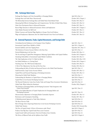 SELECTED TOPICS
173
International Monetary Fund | April 2022
VIII.  Exchange Rate Issues
Exchange Rate Regimes and Crisis Susceptibility in Emerging Markets	 April 2014, Box 1.4
Exchange Rates and Trade Flows: Disconnected?	 October 2015, Chapter 3
The Relationship between Exchange Rates and Global-Value-Chain-Related Trade	 October 2015, Box 3.1
Measuring Real Effective Exchange Rates and Competitiveness: The Role of Global Value Chains	 October 2015, Box 3.2
Labor Force Participation Rates in Advanced Economies	 October 2017, Box 1.1
Recent Wage Dynamics in Advanced Economies: Drivers and Implications	 October 2017, Chapter 2
Labor Market Dynamics by Skill Level	 October 2017, Box 2.1
Worker Contracts and Nominal Wage Rigidities in Europe: Firm-Level Evidence	 October 2017, Box 2.2
Wage and Employment Adjustment after the Global Financial Crisis: Firm-Level Evidence	 October 2017, Box 2.3
IX.  External Payments, Trade, Capital Movements, and Foreign Debt
Unwinding External Imbalances in the European Union Periphery	 April 2011, Box 2.1
International Capital Flows: Reliable or Fickle?	 April 2011, Chapter 4
External Liabilities and Crisis Tipping Points	 September 2011, Box 1.5
The Evolution of Current Account Deficits in the Euro Area	 April 2013, Box 1.3
External Rebalancing in the Euro Area	 October 2013, Box 1.3
The Yin and Yang of Capital Flow Management: Balancing Capital Inflows with Capital Outflows	 October 2013, Chapter 4
Simulating Vulnerability to International Capital Market Conditions	 October 2013, Box 4.1
The Trade Implications of the U.S. Shale Gas Boom	 October 2014, Box 1.SF.1
Are Global Imbalances at a Turning Point?	 October 2014, Chapter 4
Switching Gears: The 1986 External Adjustment	 October 2014, Box 4.1
A Tale of Two Adjustments: East Asia and the Euro Area	 October 2014, Box 4.2
Understanding the Role of Cyclical and Structural Factors in the Global Trade Slowdown	 April 2015, Box 1.2
Small Economies, Large Current Account Deficits	 October 2015, Box 1.2
Capital Flows and Financial Deepening in Developing Economies	 October 2015, Box 1.3
Dissecting the Global Trade Slowdown	 April 2016, Box 1.1
Understanding the Slowdown in Capital Flows to Emerging Markets	 April 2016, Chapter 2
Capital Flows to Low-Income Developing Countries	 April 2016, Box 2.1
The Potential Productivity Gains from Further Trade and Foreign Direct Investment Liberalization	 April 2016, Box 3.3
Global Trade: What’s behind the Slowdown?	 October 2016, Chapter 2
The Evolution of Emerging Market and Developing Economies’ Trade Integration with
China’s Final Demand	 April 2017, Box 2.3
Shifts in the Global Allocation of Capital: Implications for Emerging Market and
Developing Economies	 April 2017, Box 2.4
Macroeconomic Adjustment in Emerging Market Commodity Exporters	 October 2017, Box 1.4
Remittances and Consumption Smoothing	 October 2017, Box 1.5
A Multidimensional Approach to Trade Policy Indicators	 April 2018, Box 1.6
The Rise of Services Trade	 April 2018, Box 3.2
Role of Foreign Aid in Improving Productivity in Low-Income Developing Countries	 April 2018, Box 4.3
Global Trade Tensions	 October 2018, Scenario Box
The Price of Capital Goods: A Driver of Investment under Threat?	 April 2019, Chapter 3
Evidence from Big Data: Capital Goods Prices across Countries	 April 2019, Box 3.2
Capital Goods Tariffs and Investment: Firm-Level Evidence from Colombia	 April 2019, Box 3.4
The Drivers of Bilateral Trade and the Spillovers from Tariffs	 April 2019, Chapter 4
 
