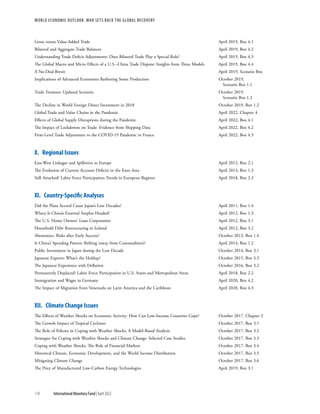 174 International Monetary Fund | April 2022
WORLD ECONOMIC OUTLOOK: War Sets Back the Global Recovery
Gross versus Value-Added Trade	 April 2019, Box 4.1
Bilateral and Aggregate Trade Balances	 April 2019, Box 4.2
Understanding Trade Deficit Adjustments: Does Bilateral Trade Play a Special Role?	 April 2019, Box 4.3
The Global Macro and Micro Effects of a U.S.–China Trade Dispute: Insights from Three Models	 April 2019, Box 4.4
A No-Deal Brexit	 April 2019, Scenario Box
Implications of Advanced Economies Reshoring Some Production	 October 2019,
		 Scenario Box 1.1
Trade Tensions: Updated Scenario	 October 2019,
		 Scenario Box 1.2
The Decline in World Foreign Direct Investment in 2018	 October 2019, Box 1.2
Global Trade and Value Chains in the Pandemic	 April 2022, Chapter 4
Effects of Global Supply Disruptions during the Pandemic	 April 2022, Box 4.1
The Impact of Lockdowns on Trade: Evidence from Shipping Data	 April 2022, Box 4.2
Firm-Level Trade Adjustment to the COVID-19 Pandemic in France	 April 2022, Box 4.3
X.  Regional Issues
East-West Linkages and Spillovers in Europe	 April 2012, Box 2.1
The Evolution of Current Account Deficits in the Euro Area	 April 2013, Box 1.3
Still Attached? Labor Force Participation Trends in European Regions	 April 2018, Box 2.3
XI.  Country-Specific Analyses
Did the Plaza Accord Cause Japan’s Lost Decades?	 April 2011, Box 1.4
Where Is China’s External Surplus Headed?	 April 2012, Box 1.3
The U.S. Home Owners’ Loan Corporation	 April 2012, Box 3.1
Household Debt Restructuring in Iceland	 April 2012, Box 3.2
Abenomics: Risks after Early Success?	 October 2013, Box 1.4
Is China’s Spending Pattern Shifting (away from Commodities)?	 April 2014, Box 1.2
Public Investment in Japan during the Lost Decade	 October 2014, Box 3.1
Japanese Exports: What’s the Holdup?	 October 2015, Box 3.3
The Japanese Experience with Deflation	 October 2016, Box 3.2
Permanently Displaced? Labor Force Participation in U.S. States and Metropolitan Areas	 April 2018, Box 2.2
Immigration and Wages in Germany	 April 2020, Box 4.2
The Impact of Migration from Venezuela on Latin America and the Caribbean	 April 2020, Box 4.3
XII.  Climate Change Issues
The Effects of Weather Shocks on Economic Activity: How Can Low-Income Countries Cope?	 October 2017, Chapter 3
The Growth Impact of Tropical Cyclones	 October 2017, Box 3.1
The Role of Policies in Coping with Weather Shocks: A Model-Based Analysis	 October 2017, Box 3.2
Strategies for Coping with Weather Shocks and Climate Change: Selected Case Studies	 October 2017, Box 3.3
Coping with Weather Shocks: The Role of Financial Markets	 October 2017, Box 3.4
Historical Climate, Economic Development, and the World Income Distribution	 October 2017, Box 3.5
Mitigating Climate Change	 October 2017, Box 3.6
The Price of Manufactured Low-Carbon Energy Technologies	 April 2019, Box 3.1
 