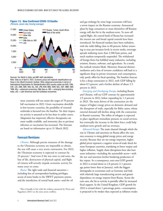 WORLD ECONOMIC OUTLOOK: War Sets Back the Global Recovery
4 International Monetary Fund | April 2022
most countries will not attain the target of 70 percent
full vaccination in 2022. Given vaccination shortfalls
in low-income countries, the possibility of renewed
outbreaks is factored into the baseline. Yet their impact
on activity is assumed to be less than in earlier waves.
Adaptation has improved, effective therapeutics are
more readily available, and immunity due to previous
infection or vaccination has increased. The forecasts
are based on information up to 31 March 2022.
Forecast Revisions
Ukraine: Although precise measures of the damage
to the Ukrainian economy are impossible to obtain,
the war will cause a very severe contraction. For 2022,
the Ukrainian economy is expected to contract by
35 percent.1 And even if the war were to end soon, the
loss of life, destruction of physical capital, and flight
of citizens will severely impede economic activity for
many years to come.
Russia: The tight trade and financial sanctions—
including loss of correspondent banking privileges,
access of some banks to the SWIFT payments system,
and the interdiction of central bank assets—and the oil
1This is broadly in line with the evidence presented by Novta and
Pugacheva (2021) on the most severe conflicts.
and gas embargo by some large economies will have
a severe impact on the Russian economy. Announced
plans by large consumers to wean themselves off Russian
energy will also hit in the medium-term. To stave off
capital flight, the central bank of Russia has increased
the interest rate and broad capital controls have been
introduced. Yet financial markets have been turbulent,
with the ruble falling close to 60 percent, before return-
ing to near pre-invasion levels in recent weeks, sovereign
spreads widening more than 2,500 basis points, and
stock markets temporarily suspended. The withdrawal
of foreign firms has hobbled many industries, including
aviation, finance, software, and agriculture. As a result,
the outlook remains bleak. Moreover, financial disinter-
mediation and a loss of investor confidence will lead to a
significant drop in private investment and consumption,
only partly offset by fiscal spending. The baseline forecast
is for a sharp contraction in 2022, with GDP falling by
about 8.5 percent, and a further decline of about 2.3
percent in 2023.
Emerging and Developing Europe, including Russia
and Ukraine, will see GDP contract by approximately
2.9 percent in 2022, before expanding by 1.3 percent
in 2023. The main drivers of the contraction are the
impact of higher energy prices on domestic demand and
the disruption of trade, especially for Baltic states, whose
external demand will decline along with the contraction
in Russia’s economy. The influx of refugees is expected
to place significant immediate pressure on social services,
but eventually the increase in the labor force could help
medium-term growth and tax revenues.
Advanced Europe: The main channel through which the
war in Ukraine and sanctions on Russia affect the euro
area economy is rising global energy prices and energy
security. Because they are net energy importers, higher
global prices represent a negative terms-of-trade shock for
most European countries, translating to lower output and
higher inflation. Supply chain disruptions have also hurt
some industries—including the automobile sector—with
the war and sanctions further hindering production of
key inputs. As a consequence, euro area GDP growth
in 2022 is revised down to 2.8 percent (1.1 percent-
age points lower than in January), with the biggest
downgrades in economies such as Germany and Italy
with relatively large manufacturing sectors and greater
dependence on energy imports from Russia. Across the
euro area, the hit to activity is partially offset by increased
fiscal support. In the United Kingdom, GDP growth for
2022 is revised down 1 percentage point—consumption
is projected to be weaker than expected as inflation erodes
Russia, Turkey, South Africa
Rest of the world
United States
Euro area
Other AEs
India
EMs Asia ex. IND
LAC
Sources: Our World in Data; and IMF staff calculations.
Note: Data as of April 8, 2022. Economy group and regional classiﬁcations are
those in the World Economic Outlook. Other advanced economies in terms of
International Organization for Standardization (ISO) country codes are AUS, CAN,
CHE, CZE, DNK, GBR, HKG, ISL, ISR, JPN, KOR, MAC, NOR, NZL, SGP, SMR, SWE,
TWN. AEs = advanced economies; EMs Asia ex. IND = emerging Asia excluding
India; LAC = Latin American and the Caribbean economies.
0
2,500
5,000
7,500
10,000
12,500
15,000
17,500
Mar.
2020
Sep.
20
Mar.
21
Sep.
21
Apr.
22
Figure 1.5. New Conﬁrmed COVID-19 Deaths
(Persons, seven-day moving average)
 