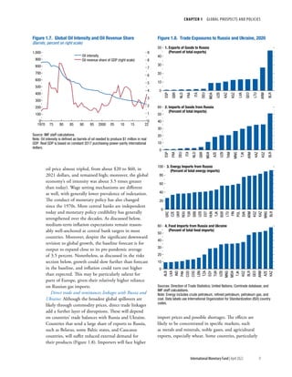 CHAPTER 1  GLOBAL PROSPECTS AND POLICIES
9
International Monetary Fund | April 2022
oil price almost tripled, from about $20 to $60, in
2021 dollars, and remained high; moreover, the global
economy’s oil intensity was about 3.5 times greater
than today). Wage setting mechanisms are different
as well, with generally lower prevalence of indexation.
The conduct of monetary policy has also changed
since the 1970s. More central banks are independent
today and monetary policy credibility has generally
strengthened over the decades. As discussed below,
medium-term inflation expectations remain reason-
ably well-anchored at central bank targets in most
countries. Moreover, despite the significant downward
revision to global growth, the baseline forecast is for
output to expand close to its pre-pandemic average
of 3.5 percent. Nonetheless, as discussed in the risks
section below, growth could slow further than forecast
in the baseline, and inflation could turn out higher
than expected. This may be particularly salient for
parts of Europe, given their relatively higher reliance
on Russian gas imports.
Direct trade and remittances linkages with Russia and
Ukraine: Although the broadest global spillovers are
likely through commodity prices, direct trade linkages
add a further layer of disruptions. These will depend
on countries’ trade balances with Russia and Ukraine.
Countries that send a large share of exports to Russia,
such as Belarus, some Baltic states, and Caucasus
countries, will suffer reduced external demand for
their products (Figure 1.8). Importers will face higher
import prices and possible shortages. The effects are
likely to be concentrated in specific markets, such
as metals and minerals, noble gases, and agricultural
exports, especially wheat. Some countries, particularly
Oil intensity
Oil revenue share of GDP (right scale)
Source: IMF staff calculations.
Note: Oil intensity is deﬁned as barrels of oil needed to produce $1 million in real
GDP. Real GDP is based on constant 2017 purchasing-power-parity international
dollars.
0
100
200
300
400
500
600
700
800
900
1,000
0
1
2
3
4
5
6
7
8
9
1970 75 80 85 90 95 2000 05 10 15 22
Figure 1.7. Global Oil Intensity and Oil Revenue Share
(Barrels, percent on right scale)
0
10
20
30
40
50
Figure 1.8. Trade Exposures to Russia and Ukraine, 2020
1. Exports of Goods to Russia
(Percent of total exports)
2. Imports of Goods from Russia
(Percent of total imports)
0
10
20
30
40
50
60
0
20
40
60
80
100 3. Energy Imports from Russia
(Percent of total energy imports)
4. Food Imports from Russia and Ukraine
(Percent of total food imports)
0
10
20
30
40
50
60
Sources: Direction of Trade Statistics; United Nations, Comtrade database; and
IMF staff calculations.
Note: Energy includes crude petroleum, reﬁned petroleum, petroleum gas, and
coal. Data labels use International Organization for Standardization (ISO) country
codes.
ESP
GBR
NLD
FRA
ITA
DEU
MDA
UZB
KAZ
KGZ
LVA
GEO
LTU
ARM
BLR
ESP
FRA
DEU
ITA
NLD
GBR
MDA
AZE
UZB
TKM
MNG
TJK
ARM
KAZ
KGZ
BLR
GRC
CZE
UKR
ROU
TUR
SRB
UZB
EST
HUN
TJK
BGR
LTU
FIN
POL
SVK
ARM
KGZ
KAZ
MNG
BLR
ALB
LKA
IND
PAK
COD
COG
LBN
TZA
EGY
TUR
UZB
MNG
MDA
TJK
KGZ
BLR
GEO
ARM
AZE
KAZ
 