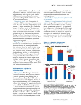 CHAPTER 1  GLOBAL PROSPECTS AND POLICIES
11
International Monetary Fund | April 2022
large external debt. Additional complications, such
as the removal of Russian assets from global equity
and bond indices, and—critically—high volatility
and disruptions in commodity markets point to
longer-term challenges for financial markets, includ-
ing increased fragmentation.
Humanitarian impact: A very large number of
refugees have fled the war already, and many more may
follow. The UNHCR, the UN Refugee Agency, reports
that over 4.5 million refugees have left Ukraine since
February 24: half have arrived in Poland, and many
more are expected to flee. In the short term, refugee
arrivals will strain local services, including for shelter
and health care. In the longer term, the dispersion
of a large number of refugees across the European
Union will have important social and economic effects,
increasing labor supply but potentially exacerbating
anti-immigrant sentiment.
Policy responses: The international economic trans-
mission of the war and sanctions will also depend on
policies in countries not directly involved. Deci-
sions to increase oil and gas supply or release energy
reserves could alleviate price pressures. Expanded
fiscal support in Europe could help compensate for
shrinking demand (see Box 1.2 in the April 2022
Fiscal Monitor). Moreover, the response of central
banks, particularly those in large advanced econ-
omies, will also shape the economic impact of the
war. Many will have to weigh rising inflation (due
to higher international commodity prices and supply
disruptions) against weakening activity (due to lower
trade and heightened uncertainty).
Elevated Inflation Expected to
Persist for Longer
Inflation forecast: With the impact of the war in
Ukraine and broadening of price pressures, inflation
is expected to remain elevated for longer than in
the previous forecast. The conflict is likely to have a
protracted impact on commodity prices, affecting oil
and gas prices more severely in 2022 and food prices
well into 2023 (because of the lagged impact from the
harvest in 2022). For 2022, inflation is projected at
5.7 percent in advanced economies and 8.7 percent
in emerging market and developing economies—1.8
and 2.8 percentage points higher than in the January
World Economic Outlook. Inflation in 2023 is pro-
jected at 2.5 percent for the advanced economy group
and 6.5 percent for emerging market and developing
economies (0.4 and 1.8 percentage points higher than
in the January forecast). However, as with the growth
outlook, considerable uncertainty surrounds these
inflation projections.
The main factors shaping the baseline inflation outlook
are the following.
The war in Ukraine has aggravated spikes in commod-
ity prices. Energy and food prices were a major contrib-
uting factor to headline inflation in 2021, to varying
degrees across regions (Figure 1.11). The sharp spike
in oil and gas prices—reflecting tight fossil fuel supply
after years of subdued investment (see the Commod-
ities Special Feature in this chapter) and geopolitical
uncertainty—led to a significant increase in energy
costs. These increases were the main driver of headline
inflation in Europe and to a lesser extent the United
Inﬂation
Energy
Food
Other
Food and
nonalcoholic
beverages
Other items
Total
Figure 1.11. Changes in Inﬂation Drivers
(Percentage points, unless noted otherwise)
Sources: Haver Analytics; and IMF staff calculations.
Note: “Change in inﬂation” refers to the difference in year-over-year growth of the
consumer price index between December 2020 and December 2021. Stacked
bars show the contribution of each component to that change. Sample includes
countries for which all components are available. This covers 26 European
countries and 2 other AEs. Purchasing-power-parity weights are used for
aggregation. Panel 2 shows median inﬂation and contributions from food and
other items in 17 low-income countries, 13 in sub-Saharan Africa and 4 in Asia
and the Paciﬁc. Inﬂation is a 12-month comparison, measured at year-end.
AEs = advanced economies.
0
2
4
6
US Europe Other AEs
0
2
4
6
1. Change in Inﬂation, December 2020—December 2021
2. Median Inﬂation in Selected Low-Income Countries
(Percent)
2019 20 21 19 20 21
Sub-Saharan Africa Asia and Paciﬁc
 
