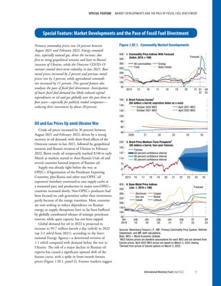 31
International Monetary Fund | April 2022
Special Feature  Market Developments and the Pace of Fossil Fuel Divestment
Primary commodity prices rose 24 percent between
August 2021 and February 2022. Energy commod-
ities, especially natural gas, drove the increase, due
first to rising geopolitical tensions and later to Russia’s
invasion of Ukraine, while the Omicron COVID-19
variant created short-term volatility in late 2021. Base
metal prices increased by 2 percent and precious metal
prices rose by 3 percent, while agricultural commodi-
ties increased by 11 percent. This special feature also
analyzes the pace of fossil fuel divestment. Anticipation
of lower fossil fuel demand has likely reduced capital
expenditures in oil and gas globally over the past three to
four years—especially for publicly traded companies—
reducing their investment by about 20 percent.
Oil and Gas Prices Up amid Ukraine War
Crude oil prices increased by 36 percent between
August 2021 and February 2022, driven by a strong
recovery in oil demand, with short-lived effects of the
Omicron variant in late 2021, followed by geopolitical
tensions and Russia’s invasion of Ukraine in February
2022. Brent crude oil temporarily reached $140 in early
March as markets started to shun Russia’s Urals oil and
several countries banned imports of Russian oil.
Supply was already tight before the war, as
OPEC+ (Organization of the Petroleum Exporting
Countries, plus Russia and other non-OPEC oil
exporters) members continued to ease supply curbs at
a measured pace and production in major non-OPEC+
countries increased slowly. Non-OPEC+ producers had
been focused on cash generation rather than investment,
partly because of the energy transition. More countries
are now seeking to reduce dependence on Russian
energy, so supply disruptions have so far been buffered
by globally coordinated releases of strategic petroleum
reserves, while spare capacity has not been tapped.
Global demand for oil in 2022 is projected to
increase to 99.7 million barrels a day (mb/d) in 2022
(up 2.1 mb/d from 2021), according to the Inter-
national Energy Agency—a downward revision of
1.1 mb/d compared with demand before the war in
Ukraine. The risk of a major decline in Russian oil
exports has caused a significant upward shift of the
futures curve, with a spike in front-month futures
prices (Figure 1.SF.1, panel 2). Futures markets suggest
All commodities
Food
Energy
Base metals
October 2020 WEO
October 2021 WEO
April 2021 WEO
April 2022 WEO
Futures
68 percent conﬁdence interval
86 percent conﬁdence interval
95 percent conﬁdence interval
Aluminum Copper
Iron ore Nickel
Cobalt Lithium
Figure 1.SF.1. Commodity Market Developments
1. Commodity Price Indices With Forecast
(Index; 2016 = 100)
50
100
150
200
250
300
350
400
Forecast
16
2014 15 17 18 19 20 21 Q1
22
Q4
23
2. Brent Futures Curves1
(US dollars a barrel; expiration dates on x-axis)
40
60
80
100
120
140
160
2020 21 22 23 24 25
3. Brent Price Medium-Term Prospects2
(US dollars a barrel, four-year futures)
0
37
73
110
147
183
220
2015 16 17 18 19 20 21 22 23 24 25
4. Base Metal Price Indices
(Jan. 1, 2016 = 100)
50
100
150
200
250
300
350
400
Forecast
Jan.
2019
July
19
Jan.
20
July
20
Jan.
21
July
21
Q1
22
Q4
23
Sources: Bloomberg Finance L.P.; IMF, Primary Commodity Price System; Reﬁnitiv
Datastream; and IMF staff calculations.
Note: WEO = World Economic Outlook.
1
WEO futures prices are baseline assumptions for each WEO and are derived from
futures prices. April 2022 WEO prices are based on March 3, 2022 closing.
2
Derived from prices of futures options on March 3, 2022.
Special Feature: Market Developments and the Pace of Fossil Fuel Divestment
 