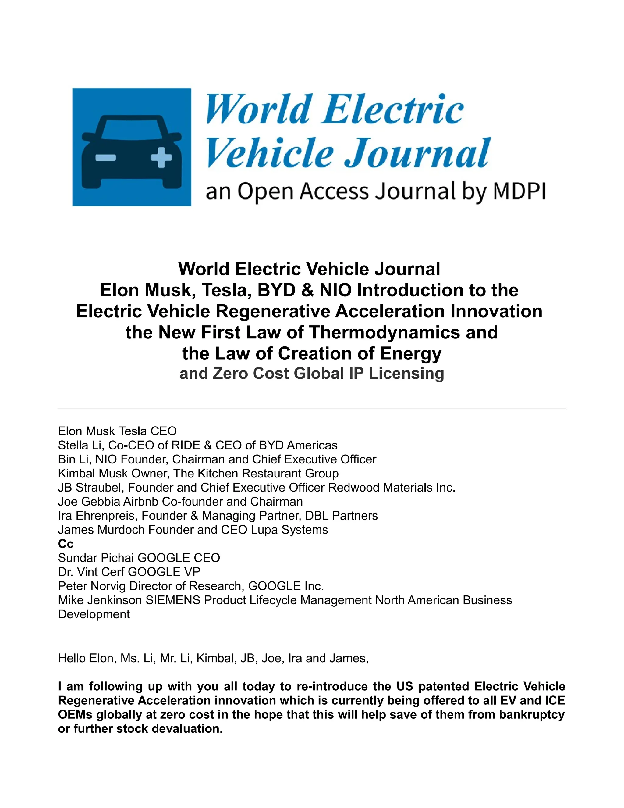 World Electric Vehicle Journal RE Elon Musk, Tesla BYD & NIO Re