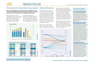 World Energy Focus #23 • MAY 2016 • page 7
NEWS IN BRIEF
IMF: low oil price could
delay energy transition
Low oil, gas and coal prices could
hold back a global shift towards lower-
carbon energy sources, according to the
International Monetary Fund. “The current
low fossil fuel price environment will
certainly delay the energy transition,” the
IMF said in its World Economic Outlook
published in April.
Nuclear security agree-
ment enters into force
A key security agreement, once described
by IAEA director general Yukiya Amano
as the single most important step to
strengthen nuclear security, is set to
become legally binding after Nicaragua
became the 102nd state to ratify it, reports
World Nuclear News. The agreement on
the Amendment to the Convention on the
Physical Protection of Nuclear Materials
(CPPNM), was adopted in 2005 and will
become binding on 8 May 2016. It makes
it legally binding for states to establish,
implement and maintain an appropriate
physical protection regime applicable
to nuclear material and nuclear facilities
under their jurisdiction.
Saudi Arabia plans $2
trillion post-oil mega-fund
Saudi Arabia is preparing to create the
world’s largest sovereign wealth fund,
reports Bloomberg. In an interview
with Bloomberg, Deputy Crown Prince
Mohammed bin Salman said the
Saudi government will create a Public
Investment Fund that will eventually
control more than $2 trillion and help
wean the kingdom off oil. As part of that
strategy, Saudi Arabia will sell shares in
the parent company of Saudi Aramco,
the world largest oil company.
Record growth of renewable energy capacity
Global renewable generation capacity amounted to 1985 GW at the end
of 2015, reports IRENA (International Renewable Energy Agency). 152 GW
was added in 2015, a growth of 8.3%, the highest growth rate ever.
More than half (58%) of the new
renewables generation capacity last year
was installed in Asia, which now has
40% of total renewables capacity.
IRENA does not report total global
power generation capacity, but
according to figures from the
International Energy Agency (IEA), this
amounted to 6163 GW at the end of
2014. Renewable energy represented
30% of global capacity which produced
22% of the electricity in the world. ●
Global LNG trade up
Worldwide LNG trade increased by
2.5% to a record 245.2 million metric
tons last year, according to a detailed
annual report [http://bit.ly/1Y0ky7E]
from the International Group of LNG
Importers (GIIGNL). 28% of this was
traded on a spot or short-term basis,
the same as the year before. 72% of
demand came from Asian countries
compared to 75% a year earlier. 32%
was supplied from Qatar.
Despite these apparently upbeat
figures, not all was well in the LNG
market. Supply growth was lower than
expected. Supply from the Atlantic
Basin declined, with Egypt and Angola
not producing any LNG at all as a result
of technical problems and Algeria’s
output down. Demand “wavered”,
said the report. In particular, demand
in Japan and South Korea declined. In
China LNG imports grew more than 5%,
in Europe by 15.8%. Jordan, Egypt and
Pakistan also increased their imports.
GIIGNL’s president Domenico Dispenza
wrote: “In a global context of lower
energy prices and sluggish economic
growth, the LNG industry is holding its
breath for the impact of an export wave
from the United States.” ●
News Focus
(Source:IRENA)
(Source:GIIGNL)
(Source:IRENA)
World Energy FOCUS is sponsored by	 in this issue | sign up | JOIN the world energy council | visit the website
(SourceGIIGNL)
 