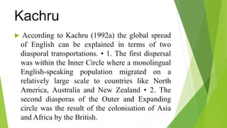 Kachru
 According to Kachru (1992a) the global spread
of English can be explained in terms of two
diasporal transportations. • 1. The first dispersal
was within the Inner Circle where a monolingual
English-speaking population migrated on a
relatively large scale to countries like North
America, Australia and New Zealand • 2. The
second diasporas of the Outer and Expanding
circle was the result of the colonisation of Asia
and Africa by the British.
 