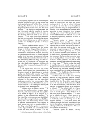 Leviticus 5:12

86

or two young pigeons, then he shall bring his
offering for that in which he has sinned, the
tenth part of an ephahc of ﬁne ﬂour for a sin
offering. He shall put no oil on it, neither shall
he put any frankincense on it, for it is a sin
offering. 5:12 He shall bring it to the priest, and
the priest shall take his handful of it as the
memorial portion, and burn it on the altar, on
the offerings of Yahweh made by ﬁre. It is a sin
offering. 5:13 The priest shall make atonement
for him concerning his sin that he has sinned
in any of these things, and he will be forgiven;
and the rest shall be the priest’s, as the meal
offering.’”
5:14
Yahweh spoke to Moses, saying, 5:15 “If
anyone commits a trespass, and sins unwittingly, in the holy things of Yahweh; then he
shall bring his trespass offering to Yahweh, a
ram without blemish from the ﬂock, according
to your estimation in silver by shekels, after the
shekel of the sanctuary, for a trespass offering.
5:16
He shall make restitution for that which he
has done wrong in the holy thing, and shall add
a ﬁfth part to it, and give it to the priest; and
the priest shall make atonement for him with
the ram of the trespass offering, and he will be
forgiven.
5:17
“If anyone sins, and does any of the
things which Yahweh has commanded not to
be done; though he didn’t know it, yet he is
guilty, and shall bear his iniquity. 5:18 He shall
bring a ram without blemish from of the ﬂock,
according to your estimation, for a trespass
offering, to the priest; and the priest shall
make atonement for him concerning the thing
in which he sinned and didn’t know it, and he
will be forgiven. 5:19 It is a trespass offering. He
is certainly guilty before Yahweh.”
6:1
Yahweh spoke to Moses, saying, 6:2 “If
anyone sins, and commits a trespass against
Yahweh, and deals falsely with his neighbor
in a matter of deposit, or of bargain, or of
robbery, or has oppressed his neighbor, 6:3 or
has found that which was lost, and dealt falsely
therein, and swearing to a lie; in any of all these
things that a man does, sinning therein; 6:4 then
it shall be, if he has sinned, and is guilty, he
shall restore that which he took by robbery, or
the thing which he has gotten by oppression,
or the deposit which was committed to him,
or the lost thing which he found, 6:5 or any
c 5:11

Leviticus 6:19

thing about which he has sworn falsely; he shall
restore it even in full, and shall add a ﬁfth
part more to it. To him to whom it belongs
he shall give it, in the day of his being found
guilty. 6:6 He shall bring his trespass offering to
Yahweh, a ram without blemish from the ﬂock,
according to your estimation, for a trespass
offering, to the priest. 6:7 The priest shall make
atonement for him before Yahweh, and he will
be forgiven concerning whatever he does to
become guilty.”
6:8
Yahweh spoke to Moses, saying,
6:9
“Command Aaron and his sons, saying,
‘This is the law of the burnt offering: the burnt
offering shall be on the hearth on the altar all
night until the morning; and the ﬁre of the
altar shall be kept burning on it. 6:10 The priest
shall put on his linen garment, and he shall
put on his linen breeches upon his body; and
he shall remove the ashes from where the ﬁre
has consumed the burnt offering on the altar,
and he shall put them beside the altar. 6:11 He
shall take off his garments, and put on other
garments, and carry the ashes outside the camp
to a clean place. 6:12 The ﬁre on the altar shall
be kept burning on it, it shall not go out; and
the priest shall burn wood on it every morning:
and he shall lay the burnt offering in order
upon it, and shall burn on it the fat of the peace
offerings. 6:13 Fire shall be kept burning on the
altar continually; it shall not go out.
6:14
“‘This is the law of the meal offering:
the sons of Aaron shall offer it before Yahweh,
before the altar. 6:15 He shall take from there his
handful of the ﬁne ﬂour of the meal offering,
and of its oil, and all the frankincense which
is on the meal offering, and shall burn it on
the altar for a pleasant aroma, as its memorial,
to Yahweh. 6:16 That which is left of it Aaron
and his sons shall eat. It shall be eaten without
yeast in a holy place. They shall eat it in
the court of the Tent of Meeting. 6:17 It shall
not be baked with yeast. I have given it as
their portion of my offerings made by ﬁre. It
is most holy, as the sin offering, and as the
trespass offering. 6:18 Every male among the
children of Aaron shall eat of it, as their portion
forever throughout your generations, from the
offerings of Yahweh made by ﬁre. Whoever
touches them shall be holy.’”
6:19
Yahweh spoke to Moses, saying,

1 ephah is about 22 litres or about 2/3 of a bushel

 