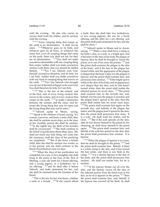 Leviticus 11:41

92

until the evening. He also who carries its
carcass shall wash his clothes, and be unclean
until the evening.
11:41
“‘Every creeping thing that creeps on
the earth is an abomination. It shall not be
eaten. 11:42 Whatever goes on its belly, and
whatever goes on all fours, or whatever has
many feet, even all creeping things that creep
on the earth, them you shall not eat; for they
are an abomination. 11:43 You shall not make
yourselves abominable with any creeping thing
that creeps, neither shall you make yourselves
unclean with them, that you should be deﬁled
thereby. 11:44 For I am Yahweh your God.
Sanctify yourselves therefore, and be holy; for
I am holy: neither shall you deﬁle yourselves
with any kind of creeping thing that moves on
the earth. 11:45 For I am Yahweh who brought
you up out of the land of Egypt, to be your God.
You shall therefore be holy, for I am holy.
11:46
“‘This is the law of the animal, and
of the bird, and of every living creature that
moves in the waters, and of every creature that
creeps on the earth, 11:47 to make a distinction
between the unclean and the clean, and between the living thing that may be eaten and
the living thing that may not be eaten.’”
12:1
Yahweh spoke to Moses, saying,
12:2
“Speak to the children of Israel, saying, ‘If a
woman conceives, and bears a male child, then
she shall be unclean seven days; as in the days
of her monthly period she shall be unclean.
12:3
In the eighth day the ﬂesh of his foreskin
shall be circumcised. 12:4 She shall continue in
the blood of puriﬁcation thirty-three days. She
shall not touch any holy thing, nor come into
the sanctuary, until the days of her purifying
are completed. 12:5 But if she bears a female
child, then she shall be unclean two weeks, as
in her period; and she shall continue in the
blood of puriﬁcation sixty-six days.
12:6
“‘When the days of her puriﬁcation are
completed, for a son, or for a daughter, she shall
bring to the priest at the door of the Tent of
Meeting, a year old lamb for a burnt offering,
and a young pigeon, or a turtledove, for a
sin offering: 12:7 and he shall offer it before
Yahweh, and make atonement for her; and
she shall be cleansed from the fountain of her
blood.
“‘This is the law for her who bears, whether
a male or a female. 12:8 If she cannot afford

Leviticus 13:13

a lamb, then she shall take two turtledoves,
or two young pigeons; the one for a burnt
offering, and the other for a sin offering: and
the priest shall make atonement for her, and she
shall be clean.’”
13:1
Yahweh spoke to Moses and to Aaron,
saying, 13:2 “When a man shall have a rising in
his body’s skin, or a scab, or a bright spot, and
it becomes in the skin of his body the plague of
leprosy, then he shall be brought to Aaron the
priest, or to one of his sons, the priests: 13:3 and
the priest shall examine the plague in the skin
of the body: and if the hair in the plague has
turned white, and the appearance of the plague
is deeper than the body’s skin, it is the plague of
leprosy; and the priest shall examine him, and
pronounce him unclean. 13:4 If the bright spot is
white in the skin of his body, and its appearance
isn’t deeper than the skin, and its hair hasn’t
turned white, then the priest shall isolate the
infected person for seven days. 13:5 The priest
shall examine him on the seventh day, and,
behold, if in his eyes the plague is arrested, and
the plague hasn’t spread in the skin, then the
priest shall isolate him for seven more days.
13:6
The priest shall examine him again on the
seventh day; and behold, if the plague has
faded, and the plague hasn’t spread in the skin,
then the priest shall pronounce him clean. It
is a scab. He shall wash his clothes, and be
clean. 13:7 But if the scab spreads on the skin,
after he has shown himself to the priest for his
cleansing, he shall show himself to the priest
again. 13:8 The priest shall examine him; and
behold, if the scab has spread on the skin, then
the priest shall pronounce him unclean. It is
leprosy.
13:9
“When the plague of leprosy is in a man,
then he shall be brought to the priest; 13:10 and
the priest shall examine him. Behold, if there
is a white rising in the skin, and it has turned
the hair white, and there is raw ﬂesh in the
rising, 13:11 it is a chronic leprosy in the skin of
his body, and the priest shall pronounce him
unclean. He shall not isolate him, for he is
unclean.
13:12
“If the leprosy breaks out all over the
skin, and the leprosy covers all the skin of
the infected person from his head even to his
feet, as far as it appears to the priest; 13:13 then
the priest shall examine him; and, behold, if
the leprosy has covered all his ﬂesh, he shall

 