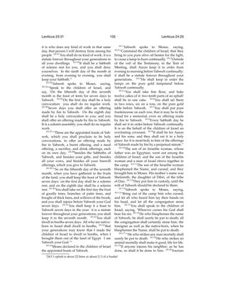 Leviticus 23:31

105

it is who does any kind of work in that same
day, that person I will destroy from among his
people. 23:31 You shall do no kind of work: it is a
statute forever throughout your generations in
all your dwellings. 23:32 It shall be a Sabbath
of solemn rest for you, and you shall deny
yourselves. In the ninth day of the month at
evening, from evening to evening, you shall
keep your Sabbath.”
23:33
Yahweh spoke to Moses, saying,
23:34
“Speak to the children of Israel, and
say, ‘On the ﬁfteenth day of this seventh
month is the feast of tents for seven days to
Yahweh. 23:35 On the ﬁrst day shall be a holy
convocation: you shall do no regular work.
23:36
Seven days you shall offer an offering
made by ﬁre to Yahweh. On the eighth day
shall be a holy convocation to you; and you
shall offer an offering made by ﬁre to Yahweh.
It is a solemn assembly; you shall do no regular
work.
23:37
“‘These are the appointed feasts of Yahweh, which you shall proclaim to be holy
convocations, to offer an offering made by
ﬁre to Yahweh, a burnt offering, and a meal
offering, a sacriﬁce, and drink offerings, each
on its own day; 23:38 besides the Sabbaths of
Yahweh, and besides your gifts, and besides
all your vows, and besides all your freewill
offerings, which you give to Yahweh.
23:39
“‘So on the ﬁfteenth day of the seventh
month, when you have gathered in the fruits
of the land, you shall keep the feast of Yahweh
seven days: on the ﬁrst day shall be a solemn
rest, and on the eighth day shall be a solemn
rest. 23:40 You shall take on the ﬁrst day the fruit
of goodly trees, branches of palm trees, and
boughs of thick trees, and willows of the brook;
and you shall rejoice before Yahweh your God
seven days. 23:41 You shall keep it a feast to
Yahweh seven days in the year: it is a statute
forever throughout your generations; you shall
keep it in the seventh month. 23:42 You shall
dwell in booths seven days. All who are nativeborn in Israel shall dwell in booths, 23:43 that
your generations may know that I made the
children of Israel to dwell in booths, when I
brought them out of the land of Egypt. I am
Yahweh your God.’”
23:44
Moses declared to the children of Israel
the appointed feasts of Yahweh.
j 24:5

Leviticus 24:20
24:1

Yahweh spoke to Moses, saying,
“Command the children of Israel, that they
bring to you pure olive oil beaten for the light,
to cause a lamp to burn continually. 24:3 Outside
of the veil of the Testimony, in the Tent of
Meeting, shall Aaron keep it in order from
evening to morning before Yahweh continually:
it shall be a statute forever throughout your
generations. 24:4 He shall keep in order the
lamps on the pure gold lampstand before
Yahweh continually.
24:5
“You shall take ﬁne ﬂour, and bake
twelve cakes of it: two tenth parts of an ephahj
shall be in one cake. 24:6 You shall set them
in two rows, six on a row, on the pure gold
table before Yahweh. 24:7 You shall put pure
frankincense on each row, that it may be to the
bread for a memorial, even an offering made
by ﬁre to Yahweh. 24:8 Every Sabbath day he
shall set it in order before Yahweh continually.
It is on the behalf of the children of Israel an
everlasting covenant. 24:9 It shall be for Aaron
and his sons; and they shall eat it in a holy
place: for it is most holy to him of the offerings
of Yahweh made by ﬁre by a perpetual statute.”
24:10
The son of an Israelite woman, whose
father was an Egyptian, went out among the
children of Israel; and the son of the Israelite
woman and a man of Israel strove together in
the camp. 24:11 The son of the Israelite woman
blasphemed the Name, and cursed; and they
brought him to Moses. His mother’s name was
Shelomith, the daughter of Dibri, of the tribe
of Dan. 24:12 They put him in custody, until the
will of Yahweh should be declared to them.
24:13
Yahweh spoke to Moses, saying,
24:14
“Bring out of the camp him who cursed;
and let all who heard him lay their hands on
his head, and let all the congregation stone
him. 24:15 You shall speak to the children of
Israel, saying, ‘Whoever curses his God shall
bear his sin. 24:16 He who blasphemes the name
of Yahweh, he shall surely be put to death; all
the congregation shall certainly stone him: the
foreigner as well as the native-born, when he
blasphemes the Name, shall be put to death.
24:17
“‘He who strikes any man mortally shall
surely be put to death. 24:18 He who strikes an
animal mortally shall make it good, life for life.
24:19
If anyone injures his neighbor; as he has
done, so shall it be done to him: 24:20 fracture
24:2

1 ephah is about 22 litres or about 2/3 of a bushel

 