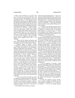 Leviticus 26:42
26:42

109

then I will remember my covenant with
Jacob; and also my covenant with Isaac, and
also my covenant with Abraham; and I will
remember the land. 26:43 The land also will be
left by them, and will enjoy its sabbaths while it
lies desolate without them: and they will accept
the punishment of their iniquity; because, even
because they rejected my ordinances, and their
soul abhorred my statutes. 26:44 Yet for all that,
when they are in the land of their enemies,
I will not reject them, neither will I abhor
them, to destroy them utterly, and to break my
covenant with them; for I am Yahweh their
God; 26:45 but I will for their sake remember the
covenant of their ancestors, whom I brought
out of the land of Egypt in the sight of the
nations, that I might be their God. I am
Yahweh.’”
26:46
These are the statutes, ordinances and
laws, which Yahweh made between him and
the children of Israel in Mount Sinai by Moses.
27:1
Yahweh spoke to Moses, saying,
27:2
“Speak to the children of Israel, and say to
them, ‘When a man makes a vow, the persons
shall be for Yahweh by your valuation. 27:3 Your
valuation shall be of a male from twenty years
old even to sixty years old, even your valuation
shall be ﬁfty shekels of silver, after the shekel of
the sanctuary. 27:4 If it is a female, then your
valuation shall be thirty shekels. 27:5 If the
person is from ﬁve years old even to twenty
years old, then your valuation shall be for
a male twenty shekels, and for a female ten
shekels. 27:6 If the person is from a month old
even to ﬁve years old, then your valuation shall
be for a male ﬁve shekels of silver, and for a
female your valuation shall be three shekels
of silver. 27:7 If the person is from sixty years
old and upward; if it is a male, then your
valuation shall be ﬁfteen shekels, and for a
female ten shekels. 27:8 But if he is poorer than
your valuation, then he shall be set before the
priest, and the priest shall value him; according
to the ability of him who vowed shall the priest
value him.
27:9
“‘If it is an animal, of which men offer
an offering to Yahweh, all that any man gives
of such to Yahweh becomes holy. 27:10 He shall
not alter it, nor change it, a good for a bad, or
a bad for a good: and if he shall at all change
animal for animal, then both it and that for
k 27:16

1 homer is about 220 litres or 6 bushels

Leviticus 27:27

which it is changed shall be holy. 27:11 If it is any
unclean animal, of which they do not offer as an
offering to Yahweh, then he shall set the animal
before the priest; 27:12 and the priest shall value
it, whether it is good or bad. As you the priest
values it, so shall it be. 27:13 But if he will indeed
redeem it, then he shall add the ﬁfth part of it
to its valuation.
27:14
“‘When a man dedicates his house to be
holy to Yahweh, then the priest shall evaluate
it, whether it is good or bad: as the priest
shall evaluate it, so shall it stand. 27:15 If he
who dedicates it will redeem his house, then
he shall add the ﬁfth part of the money of your
valuation to it, and it shall be his.
27:16
“‘If a man dedicates to Yahweh part of
the ﬁeld of his possession, then your valuation
shall be according to the seed for it: the sowing
of a homerk of barley shall be valued at ﬁfty
shekels of silver. 27:17 If he dedicates his ﬁeld
from the Year of Jubilee, according to your
valuation it shall stand. 27:18 But if he dedicates
his ﬁeld after the Jubilee, then the priest shall
reckon to him the money according to the years
that remain to the Year of Jubilee; and an
abatement shall be made from your valuation.
27:19
If he who dedicated the ﬁeld will indeed
redeem it, then he shall add the ﬁfth part of
the money of your valuation to it, and it shall
remain his. 27:20 If he will not redeem the ﬁeld,
or if he has sold the ﬁeld to another man, it shall
not be redeemed any more; 27:21 but the ﬁeld,
when it goes out in the Jubilee, shall be holy to
Yahweh, as a ﬁeld devoted; it shall be owned
by the priests.
27:22
“‘If he dedicates to Yahweh a ﬁeld
which he has bought, which is not of the ﬁeld of
his possession, 27:23 then the priest shall reckon
to him the worth of your valuation up to the
Year of Jubilee; and he shall give your valuation
on that day, as a holy thing to Yahweh. 27:24 In
the Year of Jubilee the ﬁeld shall return to
him from whom it was bought, even to him
to whom the possession of the land belongs.
27:25
All your valuations shall be according to
the shekel of the sanctuary: twenty gerahs to
the shekel.
27:26
“‘Only the ﬁrstborn among animals,
which is made a ﬁrstborn to Yahweh, no man
may dedicate it; whether an ox or sheep, it
is Yahweh’s. 27:27 If it is an unclean animal,

 