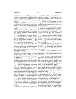 Numbers 2:6

112

the tribe of Issachar: and the prince of the
children of Issachar shall be Nethanel the son
of Zuar. 2:6 His division, and those who were
numbered of it, were ﬁfty-four thousand four
hundred.
2:7
The tribe of Zebulun: and the prince of
the children of Zebulun shall be Eliab the son
of Helon. 2:8 His division, and those who were
numbered of it, were ﬁfty-seven thousand four
hundred.
2:9
All who were numbered of the camp of
Judah were one hundred eighty-six thousand
four hundred, according to their divisions.
They shall set out ﬁrst.
2:10
“On the south side shall be the standard
of the camp of Reuben according to their
divisions. The prince of the children of Reuben
shall be Elizur the son of Shedeur. 2:11 His
division, and those who were numbered of it,
were forty-six thousand ﬁve hundred.
2:12
“Those who encamp next to him shall
be the tribe of Simeon. The prince of the
children of Simeon shall be Shelumiel the son
of Zurishaddai. 2:13 His division, and those
who were numbered of them, were ﬁfty-nine
thousand three hundred.
2:14
“The tribe of Gad: and the prince of the
children of Gad shall be Eliasaph the son of
Reuel. 2:15 His division, and those who were
numbered of them, were forty-ﬁve thousand
six hundred ﬁfty.
2:16
“All who were numbered of the camp of
Reuben were one hundred ﬁfty-one thousand
four hundred ﬁfty, according to their armies.
They shall set out second.
2:17
“Then the Tent of Meeting shall set out,
with the camp of the Levites in the midst of the
camps. As they encamp, so shall they set out,
every man in his place, by their standards.
2:18
“On the west side shall be the standard
of the camp of Ephraim according to their divisions: and the prince of the children of Ephraim
shall be Elishama the son of Ammihud. 2:19 His
division, and those who were numbered of
them, were forty thousand ﬁve hundred.
2:20
“Next to him shall be the tribe of Manasseh: and the prince of the children of Manasseh shall be Gamaliel the son of Pedahzur.
2:21
His division, and those who were numbered of them, were thirty-two thousand two
hundred.
2:22
“The tribe of Benjamin: and the prince

Numbers 3:4

of the children of Benjamin shall be Abidan
the son of Gideoni. 2:23 His army, and those
who were numbered of them, were thirty-ﬁve
thousand four hundred.
2:24
“All who were numbered of the camp
of Ephraim were one hundred eight thousand
one hundred, according to their divisions. They
shall set out third.
2:25
“On the north side shall be the standard
of the camp of Dan according to their divisions:
and the prince of the children of Dan shall
be Ahiezer the son of Ammishaddai. 2:26 His
division, and those who were numbered of
them, were sixty-two thousand seven hundred.
2:27
“Those who encamp next to him shall
be the tribe of Asher: and the prince of the
children of Asher shall be Pagiel the son of
Ochran. 2:28 His division, and those who were
numbered of them, were forty-one thousand
and ﬁve hundred.
2:29
“The tribe of Naphtali: and the prince of
the children of Naphtali shall be Ahira the son
of Enan. 2:30 His division, and those who were
numbered of them, were ﬁfty-three thousand
four hundred.
2:31
“All who were numbered of the camp
of Dan were one hundred ﬁfty-seven thousand
six hundred. They shall set out last by their
standards.”
2:32
These are those who were numbered of
the children of Israel by their fathers’ houses.
All who were numbered of the camps according to their armies were six hundred three
thousand ﬁve hundred ﬁfty. 2:33 But the Levites
were not numbered among the children of
Israel; as Yahweh commanded Moses.
2:34
Thus the children of Israel did. According to all that Yahweh commanded Moses, so
they encamped by their standards, and so they
set out, everyone by their families, according to
their fathers’ houses.
3:1
Now this is the history of the generations
of Aaron and Moses in the day that Yahweh
spoke with Moses in Mount Sinai. 3:2 These
are the names of the sons of Aaron: Nadab the
ﬁrstborn, and Abihu, Eleazar, and Ithamar.
3:3
These are the names of the sons of
Aaron, the priests who were anointed, whom
he consecrated to minister in the priest’s ofﬁce. 3:4 Nadab and Abihu died before Yahweh,
when they offered strange ﬁre before Yahweh,
in the wilderness of Sinai, and they had no

 